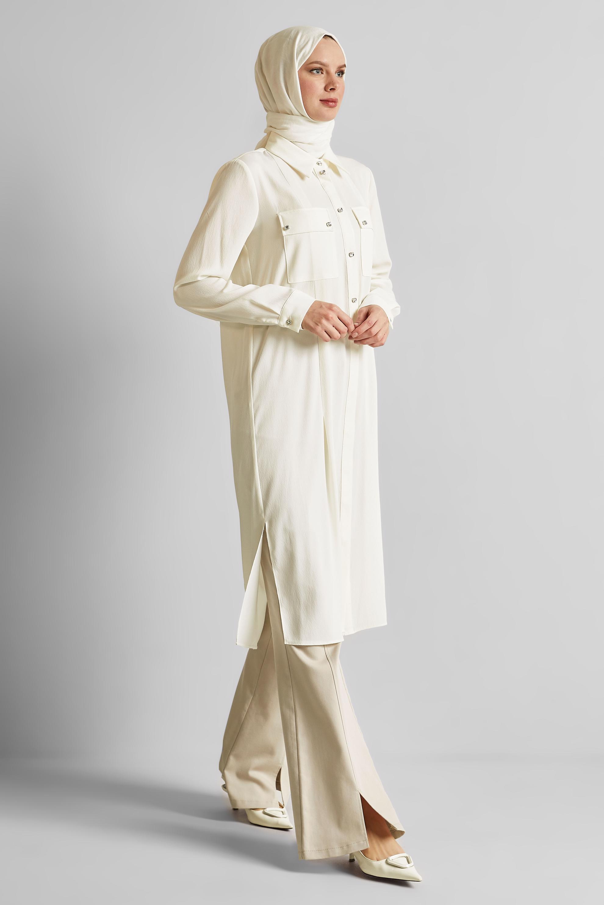 Tesettür giyim BEYAZ YIRTMAÇ DETAYLI UZUN TUNİK 45532