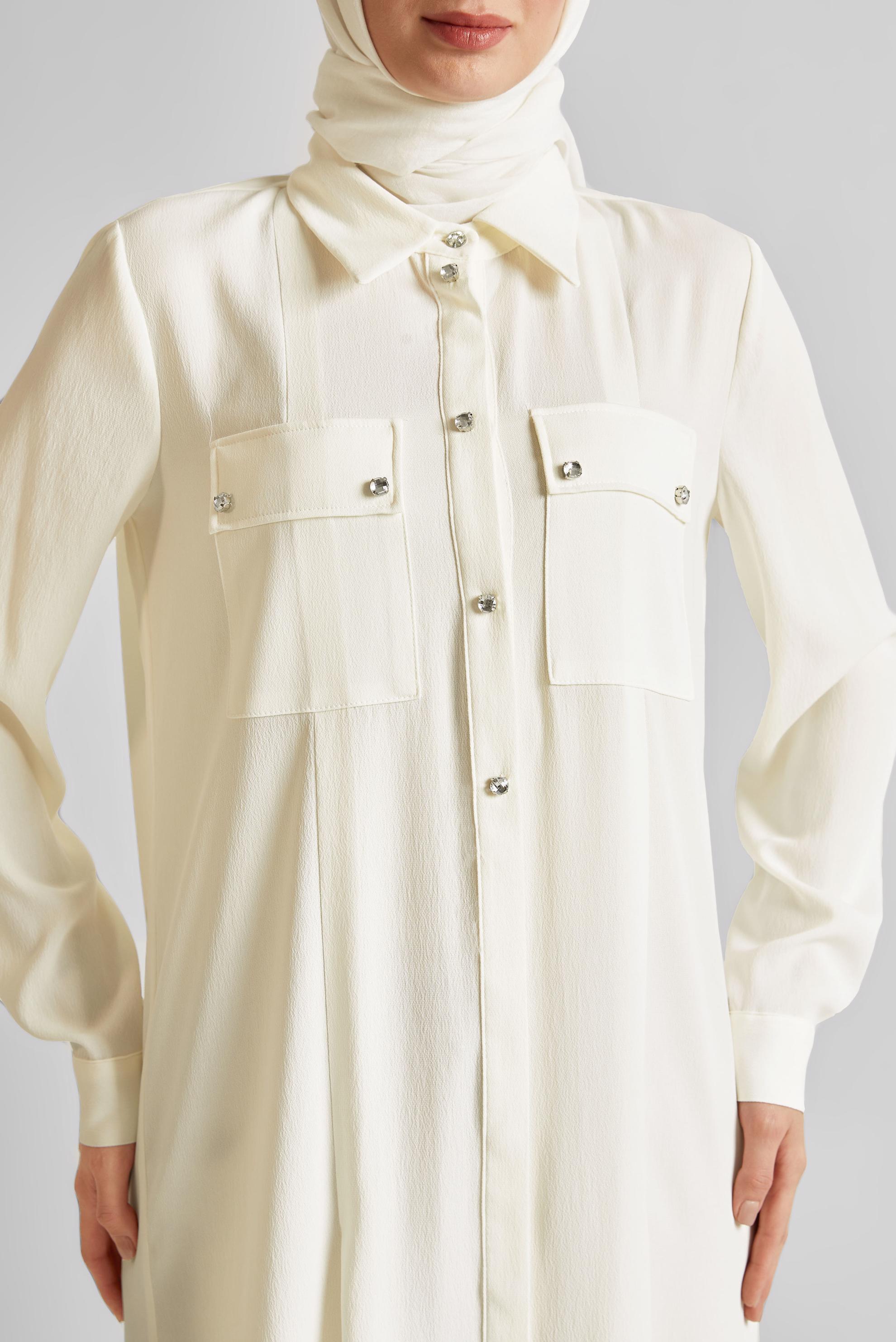 Tesettür giyim BEYAZ YIRTMAÇ DETAYLI UZUN TUNİK 45532