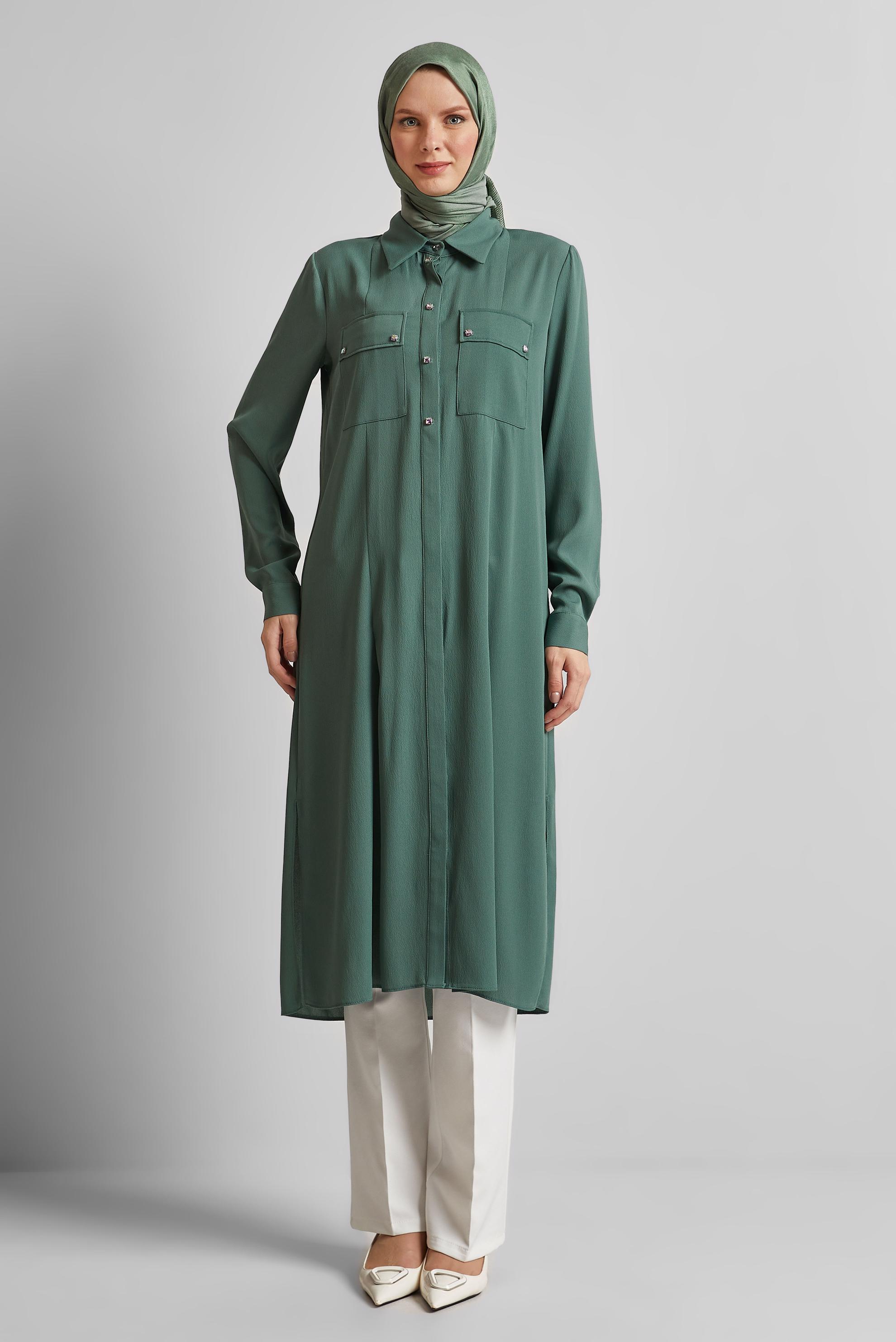 Tesettür giyim YEŞİL YIRTMAÇ DETAYLI UZUN TUNİK 45532