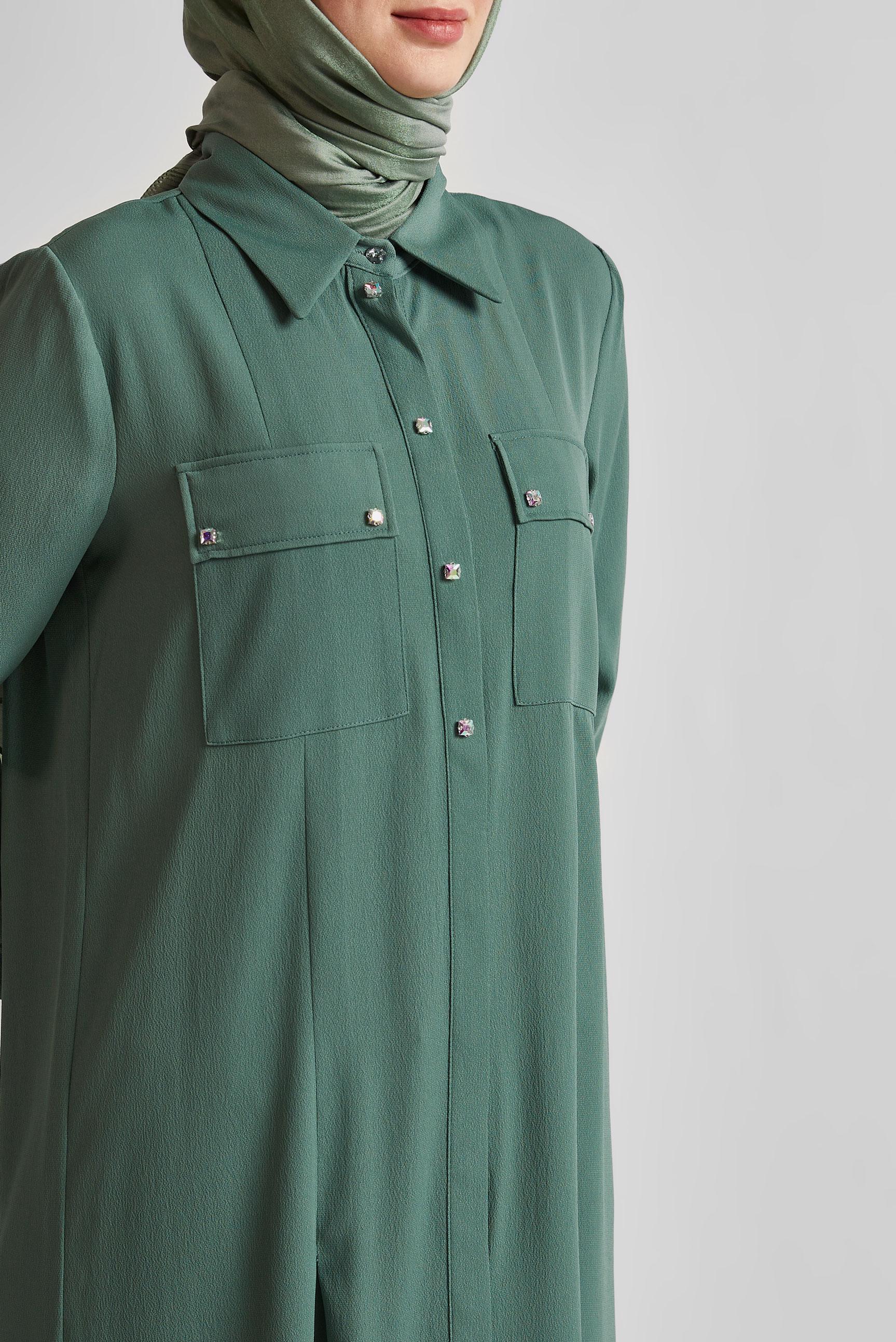 Tesettür giyim YEŞİL YIRTMAÇ DETAYLI UZUN TUNİK 45532