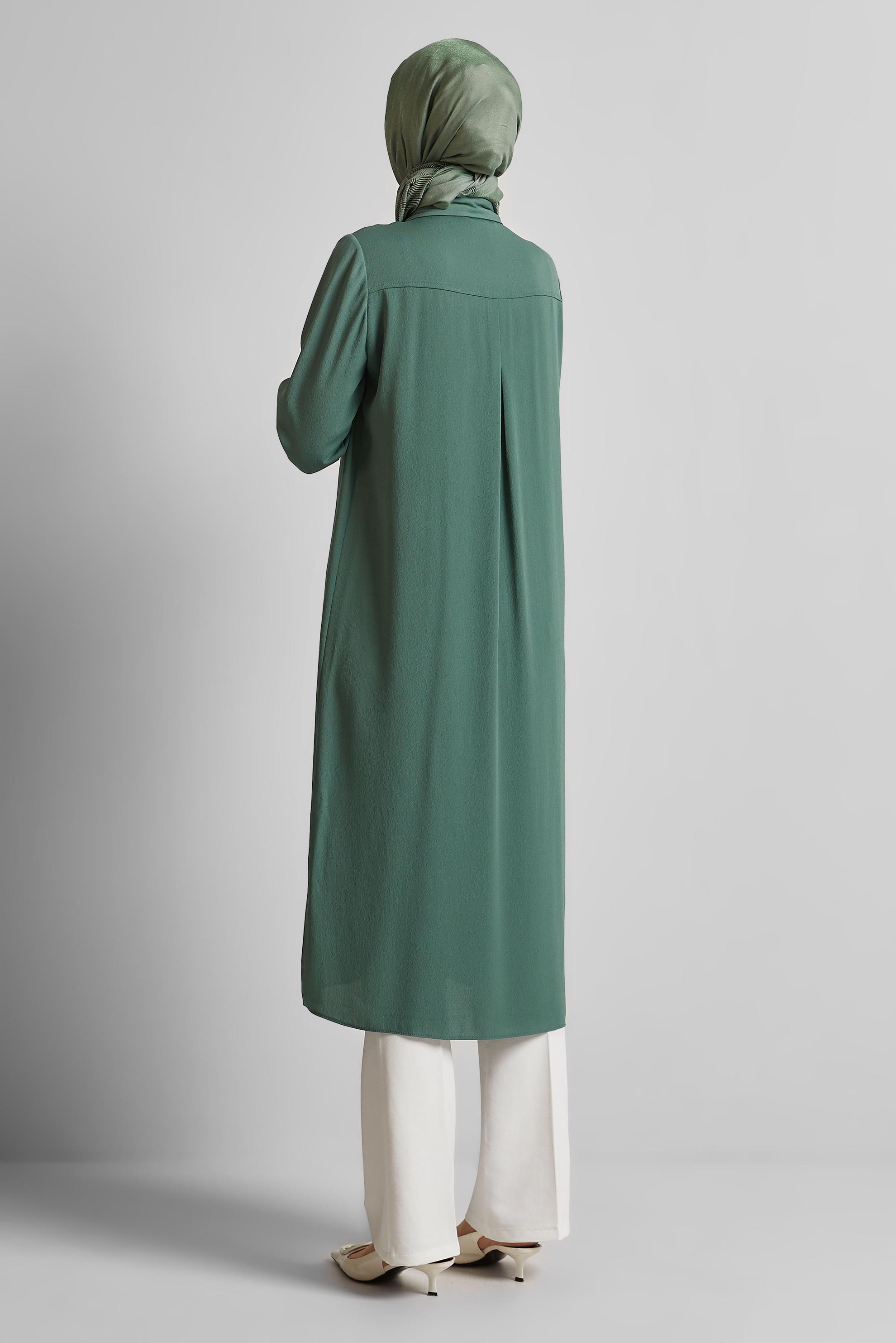 Tesettür giyim YEŞİL YIRTMAÇ DETAYLI UZUN TUNİK 45532