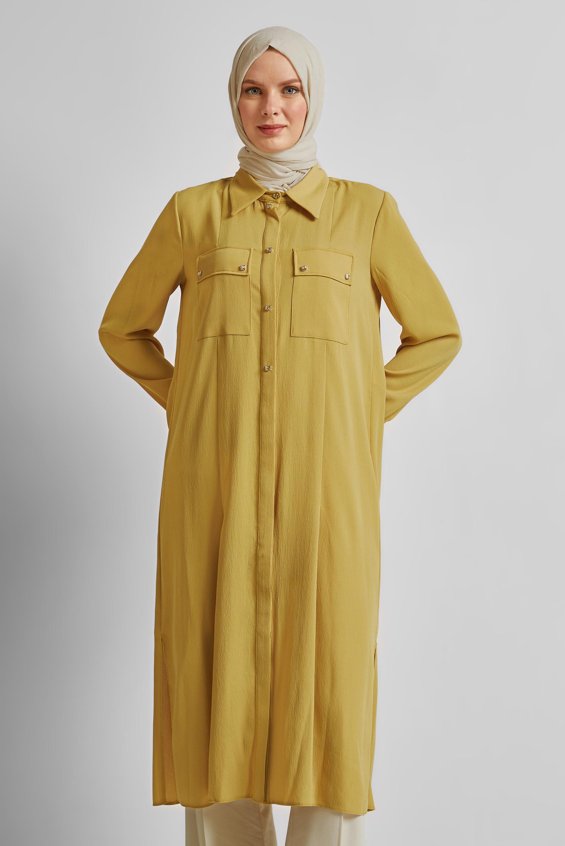 Tesettür giyim SARI YIRTMAÇ DETAYLI UZUN TUNİK 45532