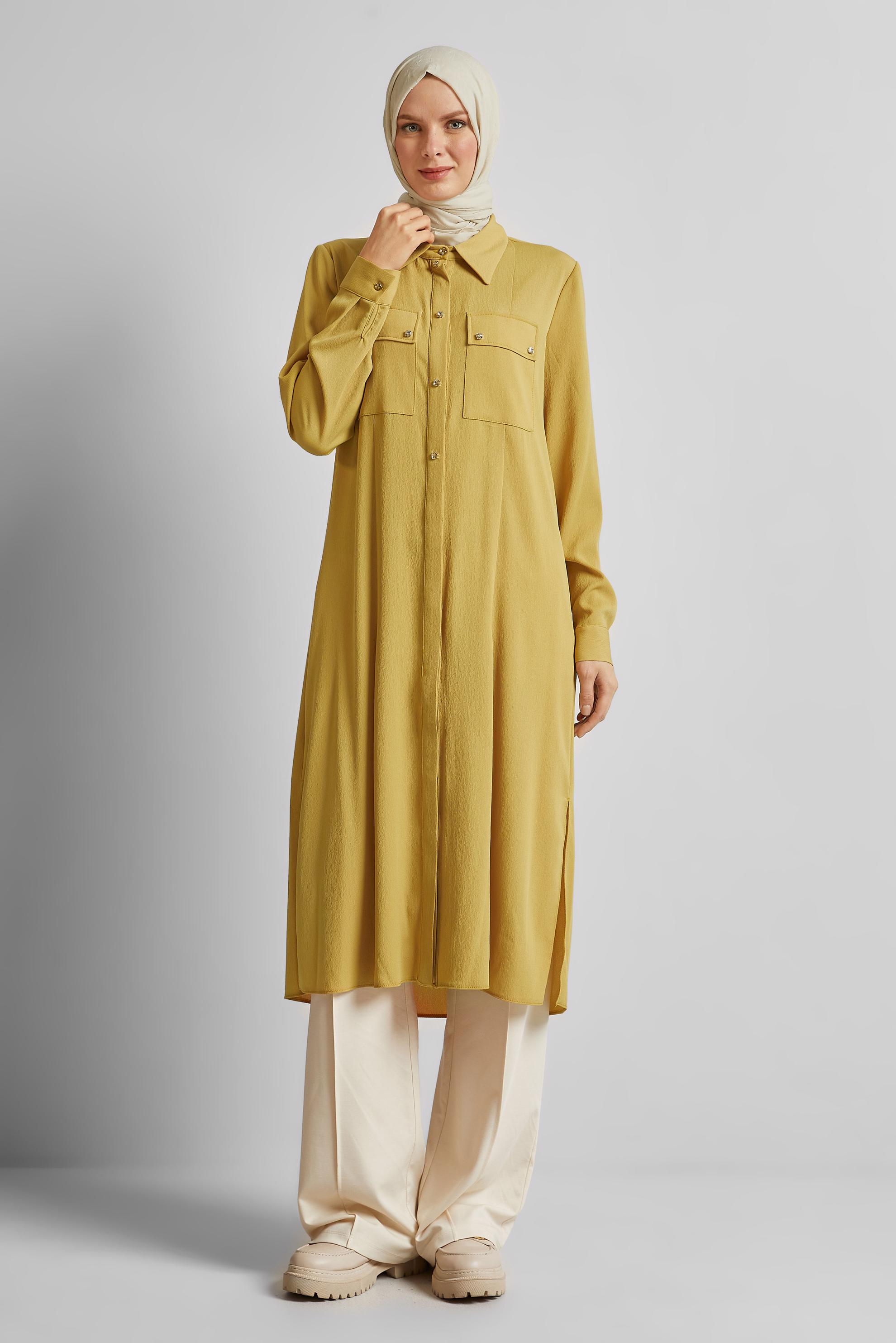 Tesettür giyim SARI YIRTMAÇ DETAYLI UZUN TUNİK 45532
