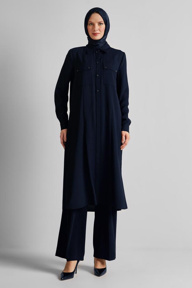 Vêtements hijab BLEU MARINE TUNIQUE LONGUE FENTE 45532 - ALVİNA