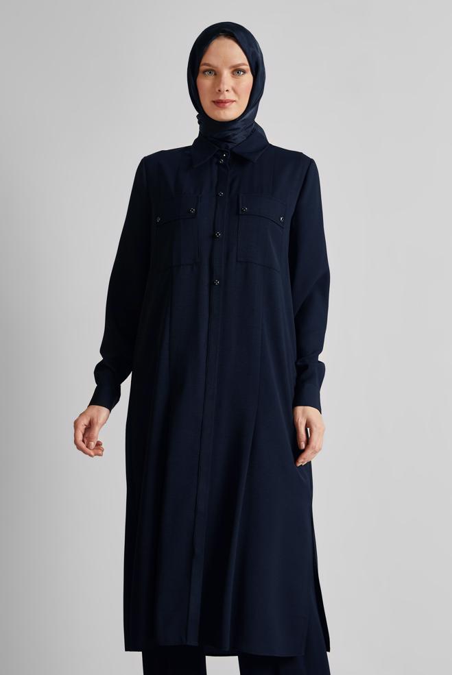 Vêtements hijab BLEU MARINE TUNIQUE LONGUE FENTE 45532 - ALVİNA