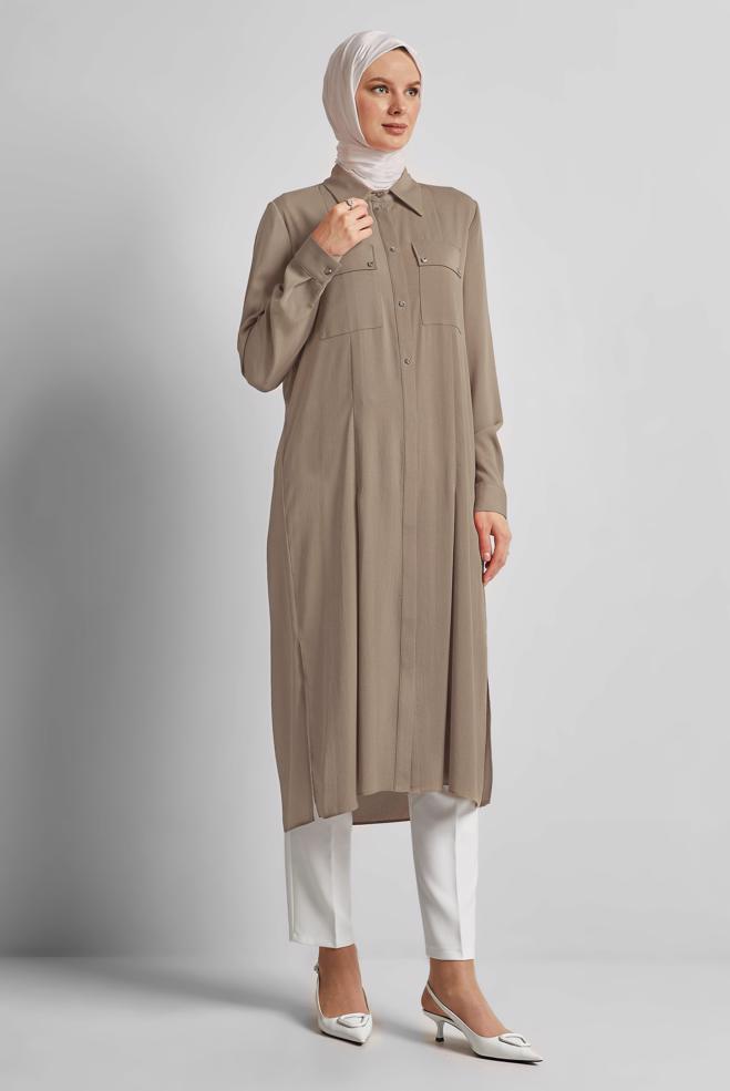 Vêtements hijab BEIGE TUNIQUE LONGUE FENTE 45532 - ALVİNA