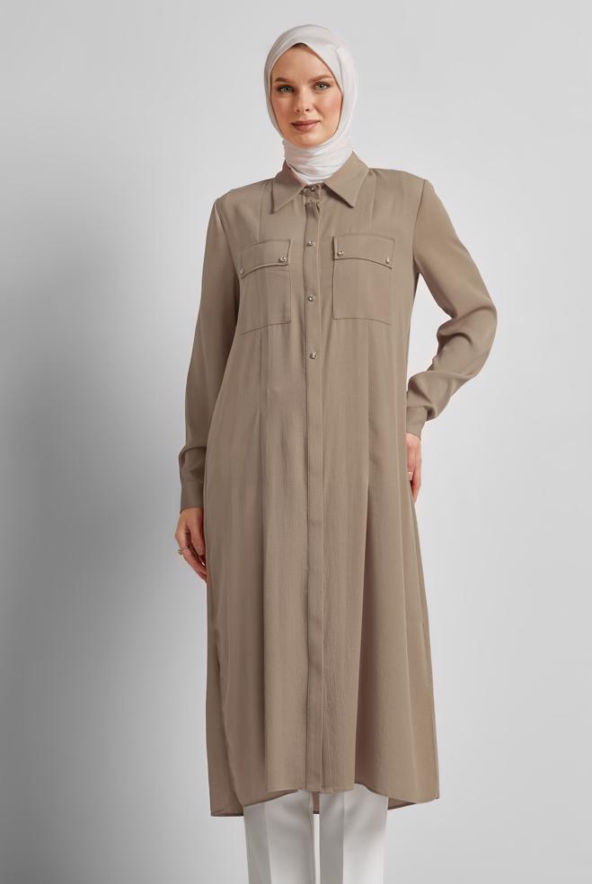 Vêtements hijab BEIGE TUNIQUE LONGUE FENTE 45532 - ALVİNA