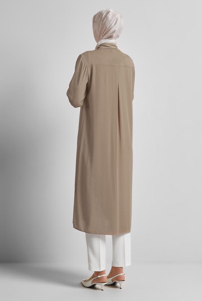 Vêtements hijab BEIGE TUNIQUE LONGUE FENTE 45532 - ALVİNA