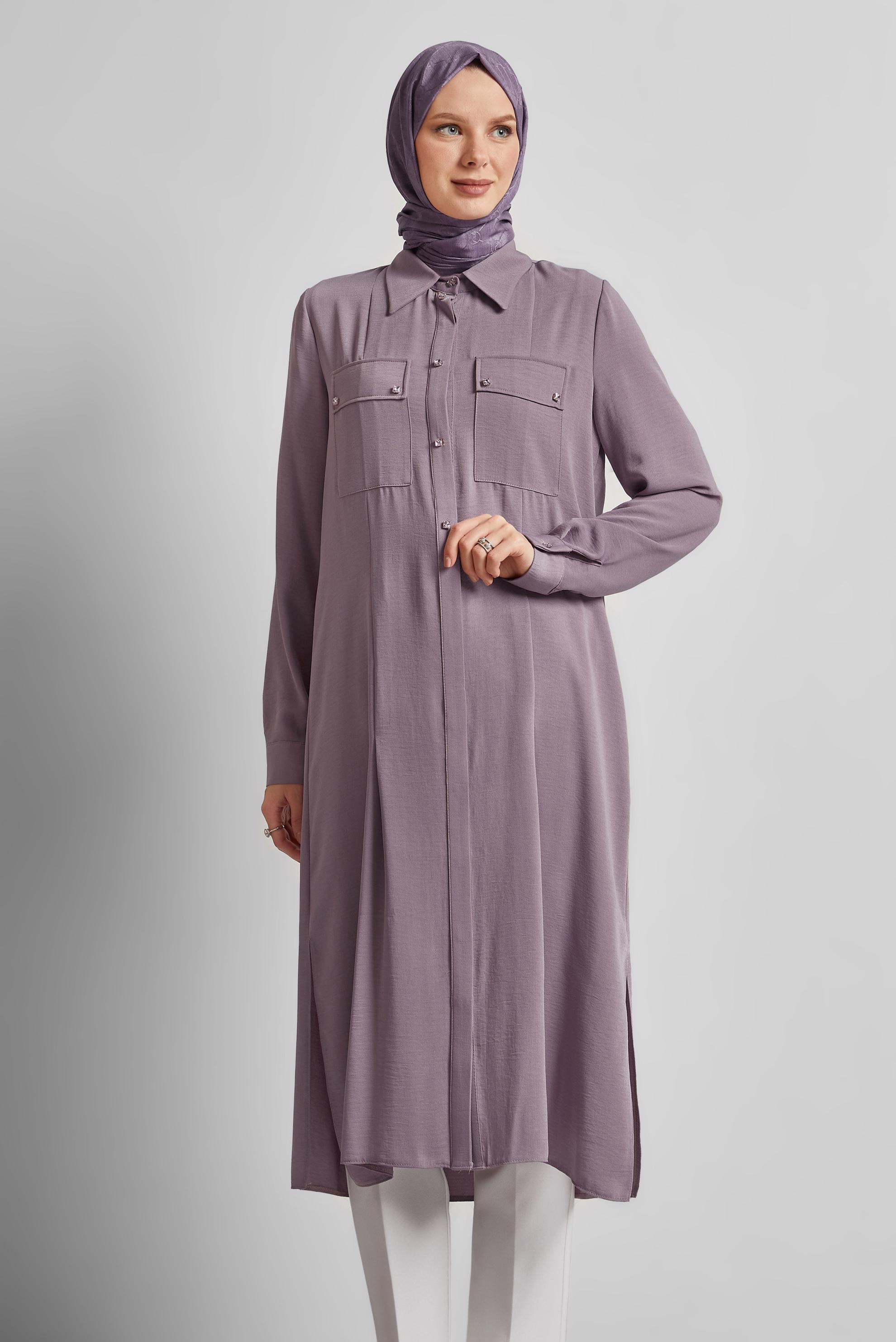 Tesettür giyim MOR YIRTMAÇ DETAYLI UZUN TUNİK 45532
