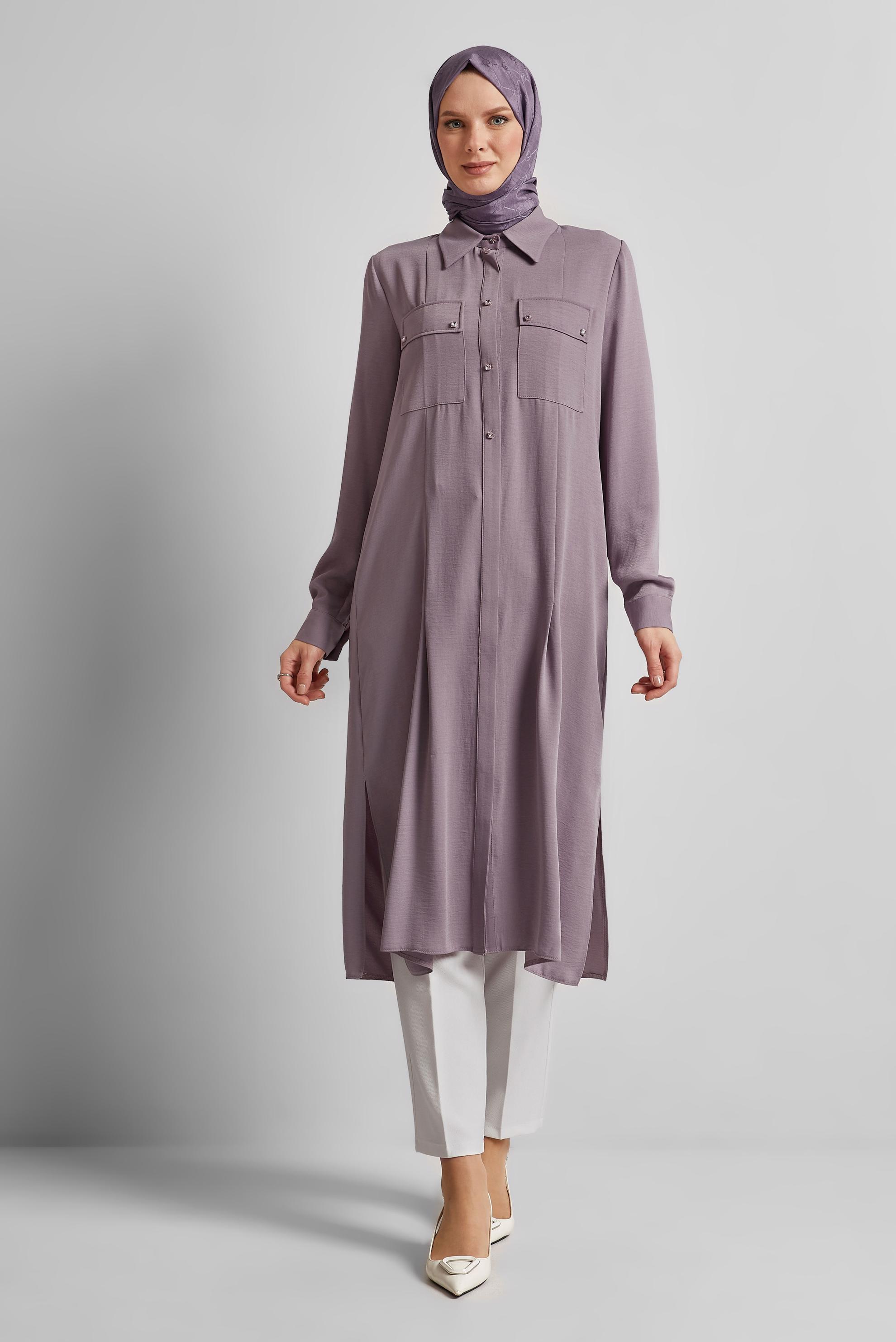 Tesettür giyim MOR YIRTMAÇ DETAYLI UZUN TUNİK 45532