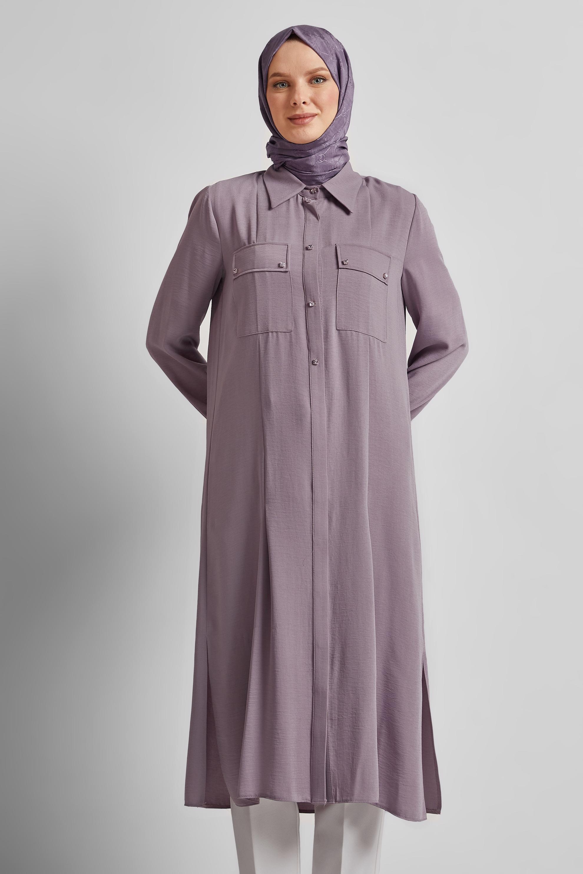 Tesettür giyim MOR YIRTMAÇ DETAYLI UZUN TUNİK 45532