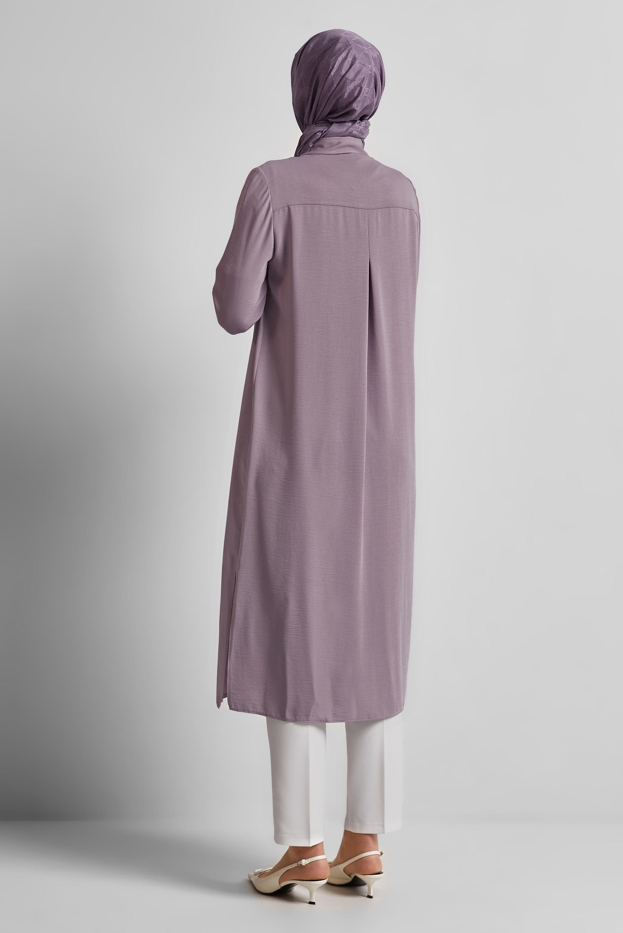 Tesettür giyim MOR YIRTMAÇ DETAYLI UZUN TUNİK 45532