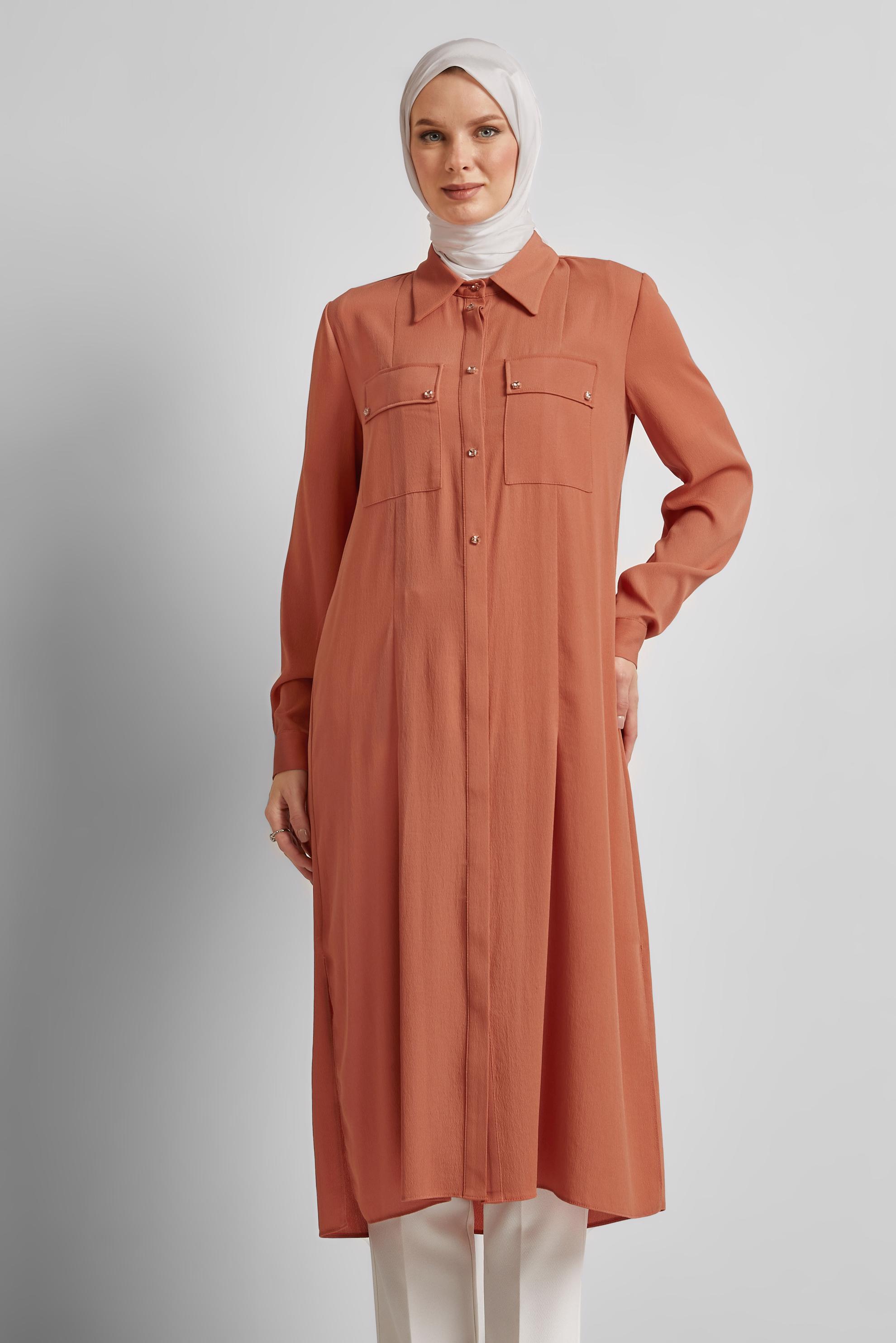 Tesettür giyim TURUNCU YIRTMAÇ DETAYLI UZUN TUNİK 45532