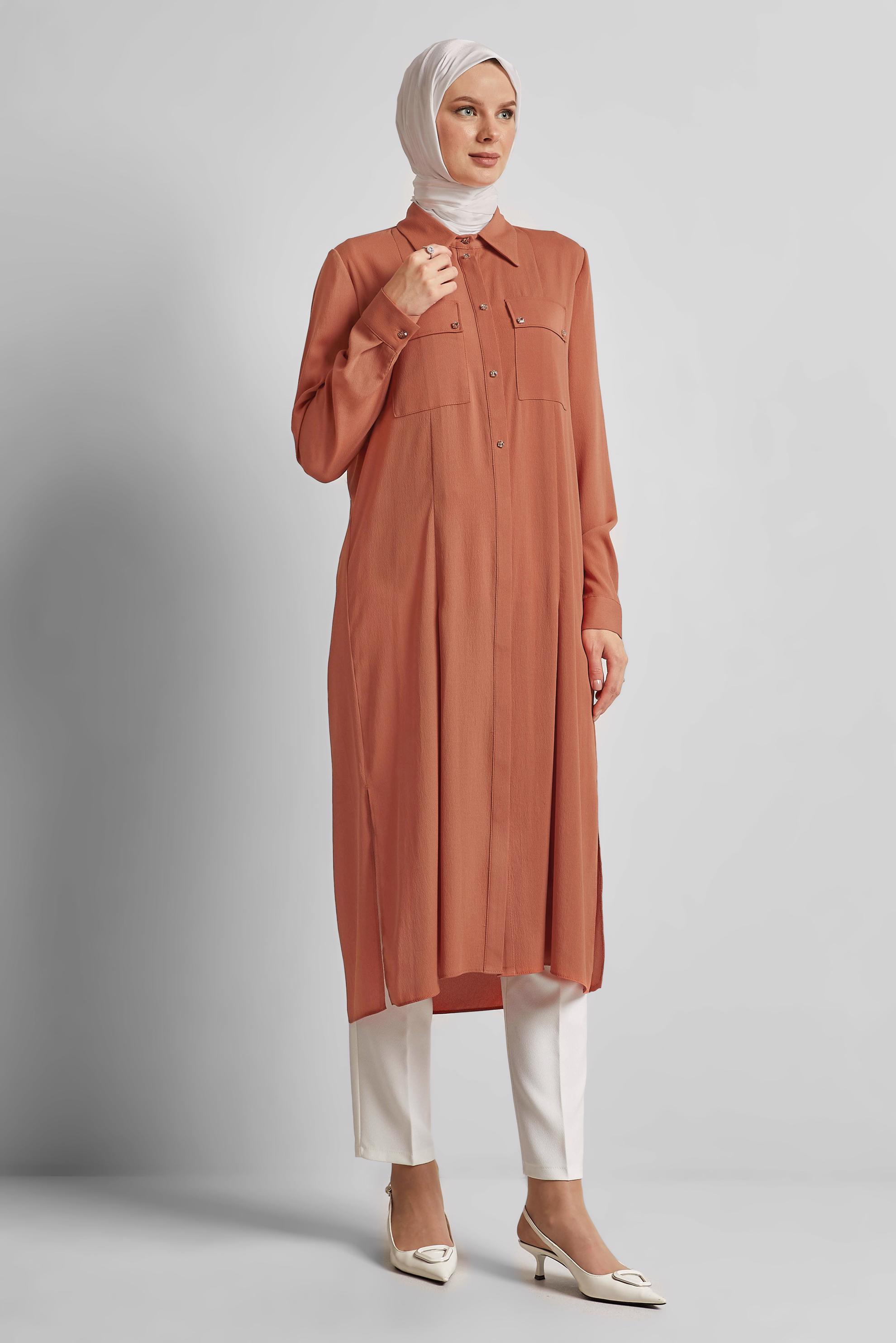 Tesettür giyim TURUNCU YIRTMAÇ DETAYLI UZUN TUNİK 45532