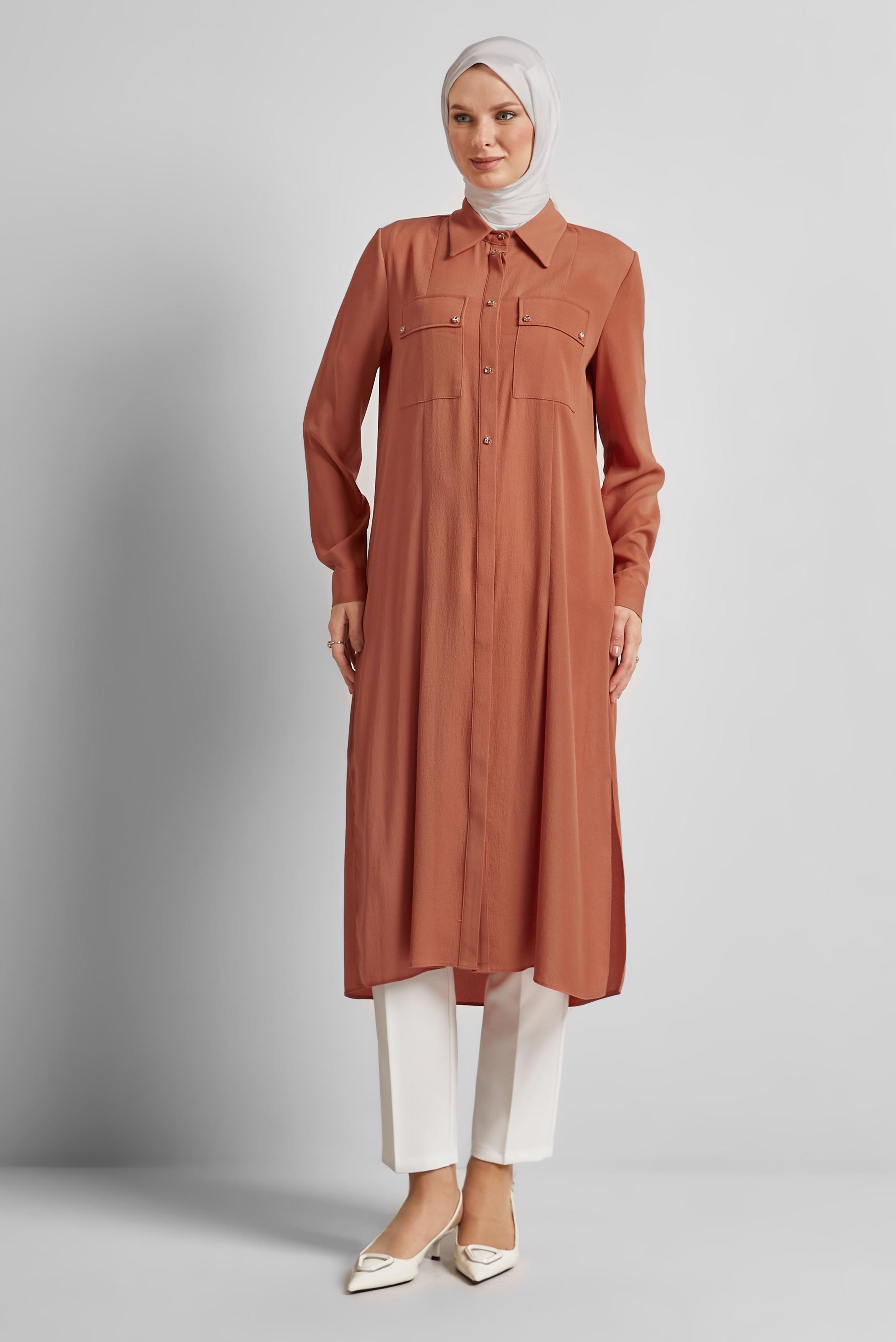 Tesettür giyim TURUNCU YIRTMAÇ DETAYLI UZUN TUNİK 45532