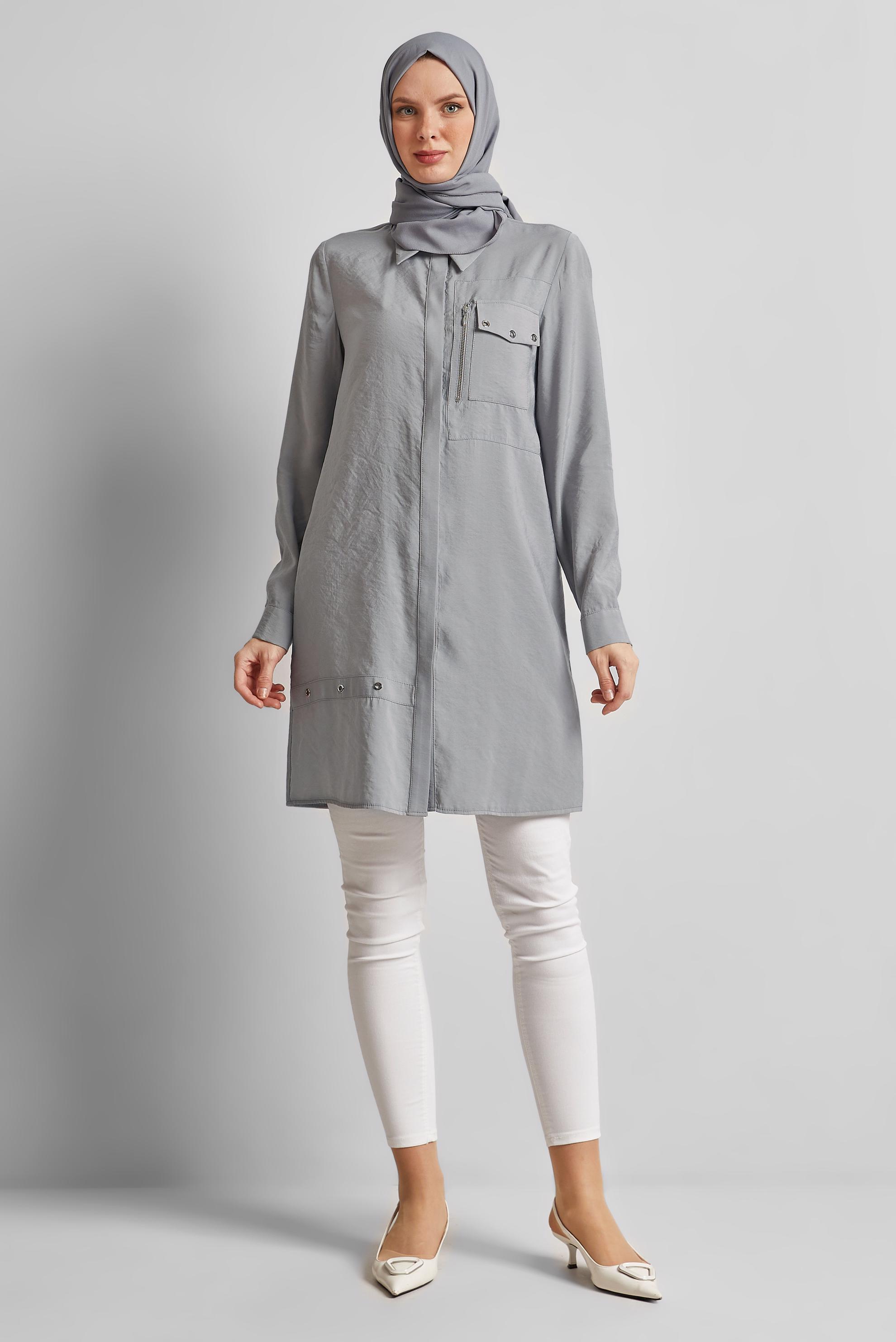 Tesettür giyim GRİ KUŞGÖZÜ DETAYLI TUNİK 45533