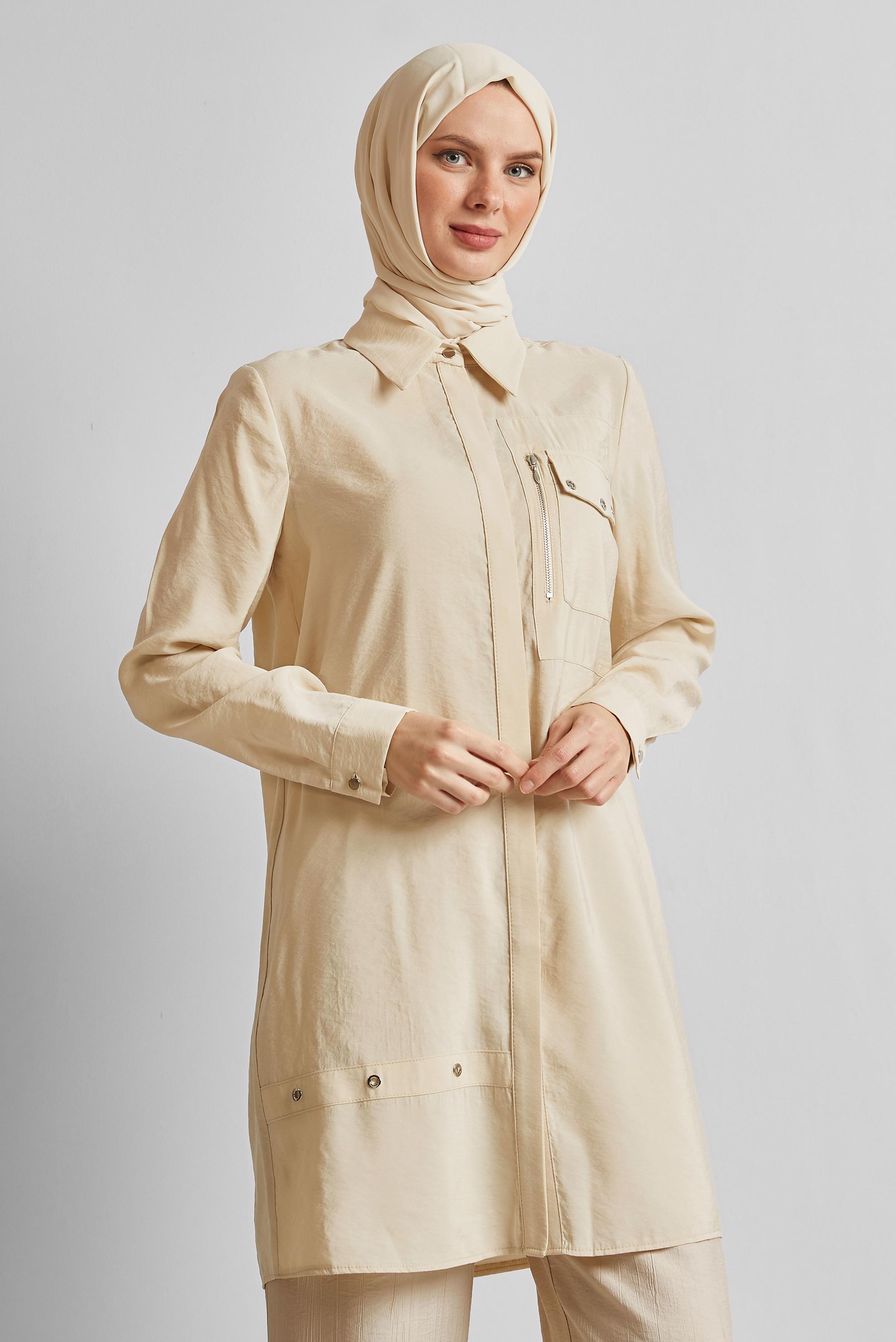 Tesettür giyim BEJ KUŞGÖZÜ DETAYLI TUNİK 45533