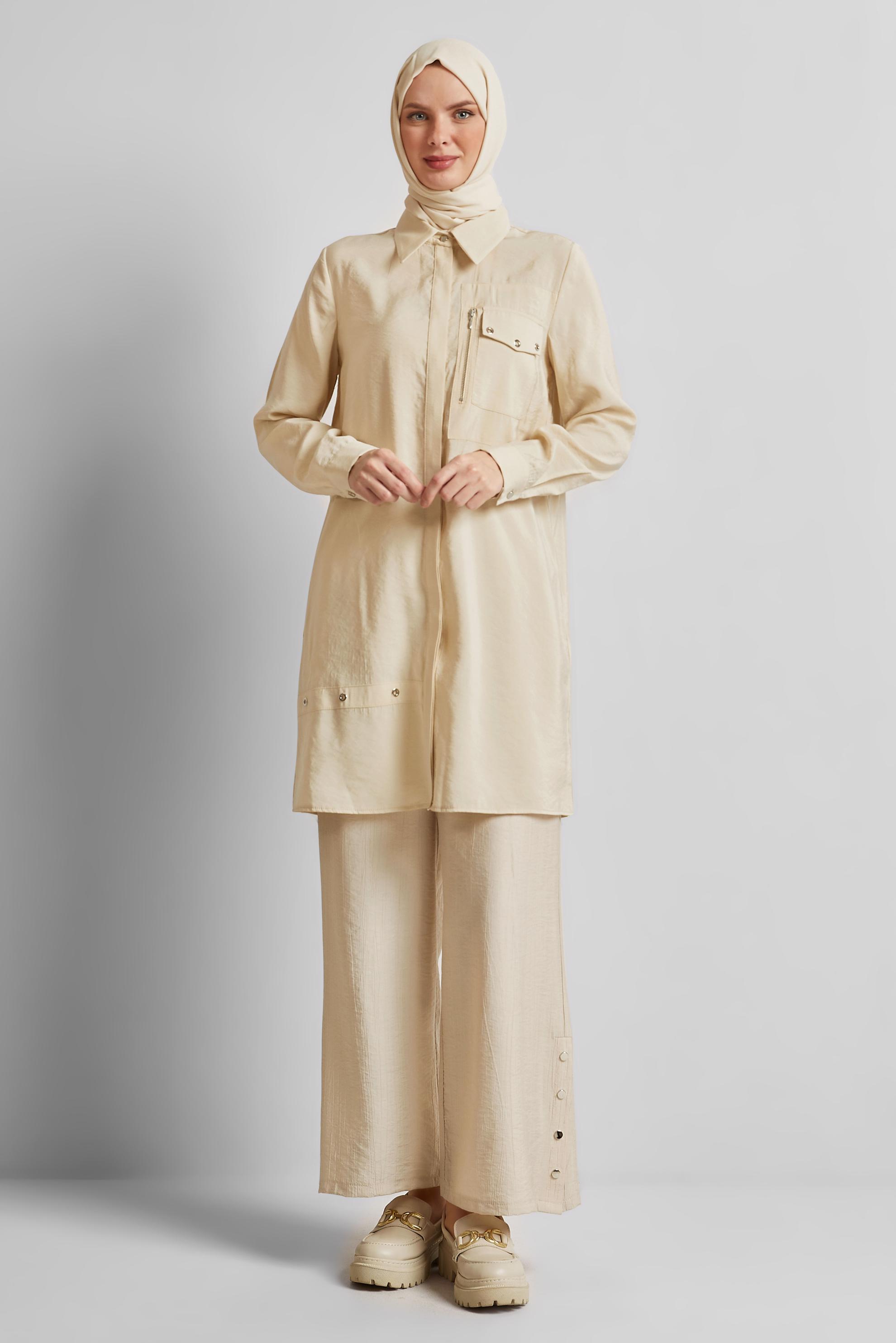 Tesettür giyim BEJ KUŞGÖZÜ DETAYLI TUNİK 45533