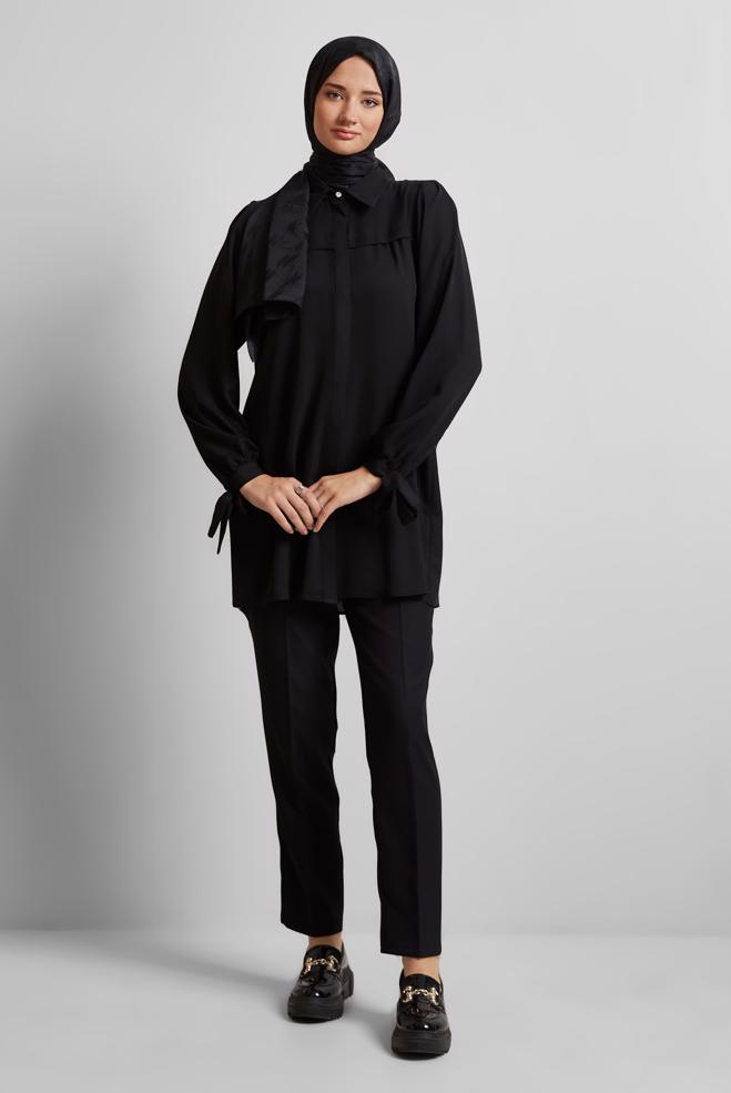 Hijab-Kleidung SCHWARZ TUNIKA MIT GEBUNDENEN MANSCHETTEN 45534 - ALVİNA