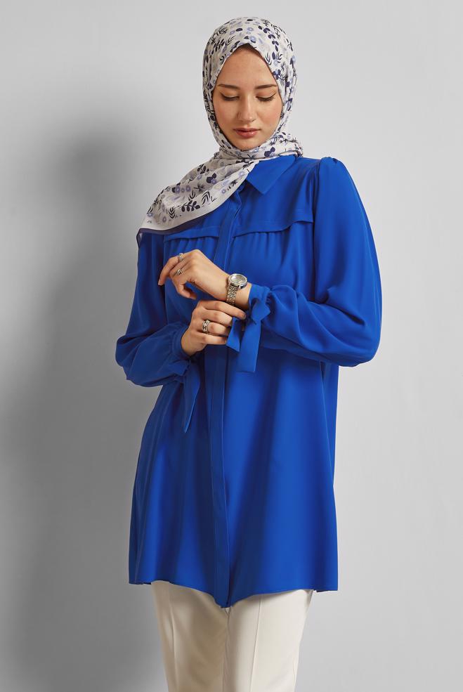 Hijab-Kleidung NAVY BLAU TUNIKA MIT GEBUNDENEN MANSCHETTEN 45534 - ALVİNA