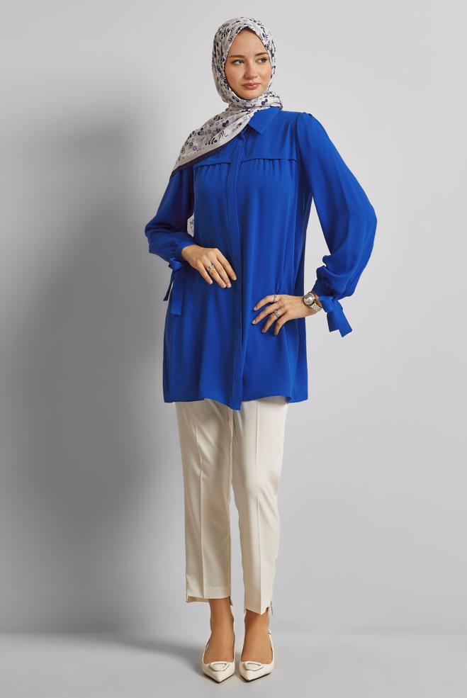 Hijab-Kleidung NAVY BLAU TUNIKA MIT GEBUNDENEN MANSCHETTEN 45534 - ALVİNA