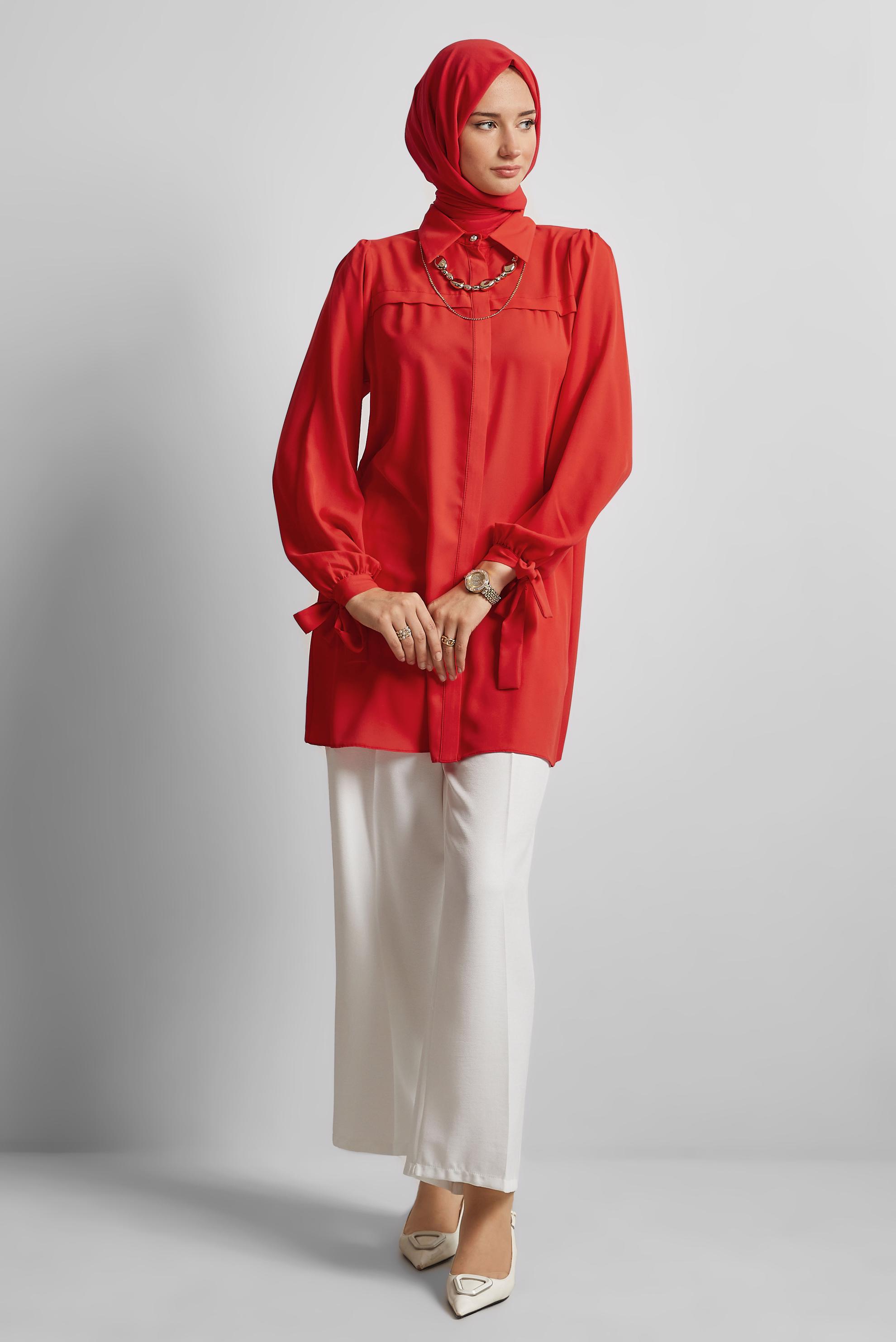 Tesettür giyim KIRMIZI BAĞLAMA DETAYLI TUNİK 45534