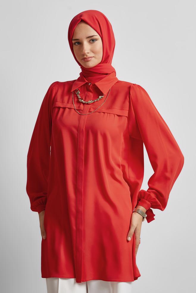 Hijab-Kleidung ROT TUNIKA MIT GEBUNDENEN MANSCHETTEN 45534 - ALVİNA