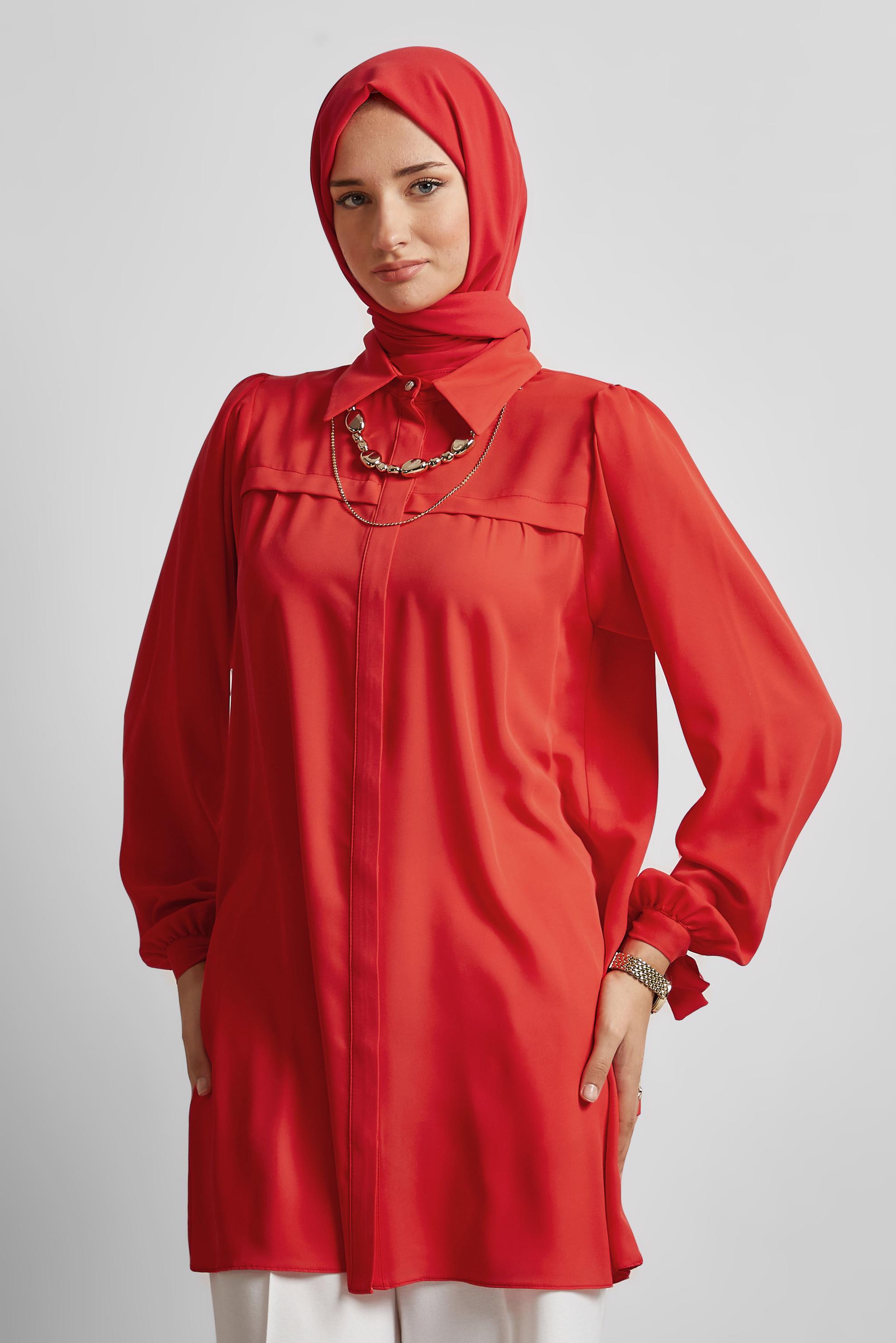 Tesettür giyim KIRMIZI BAĞLAMA DETAYLI TUNİK 45534