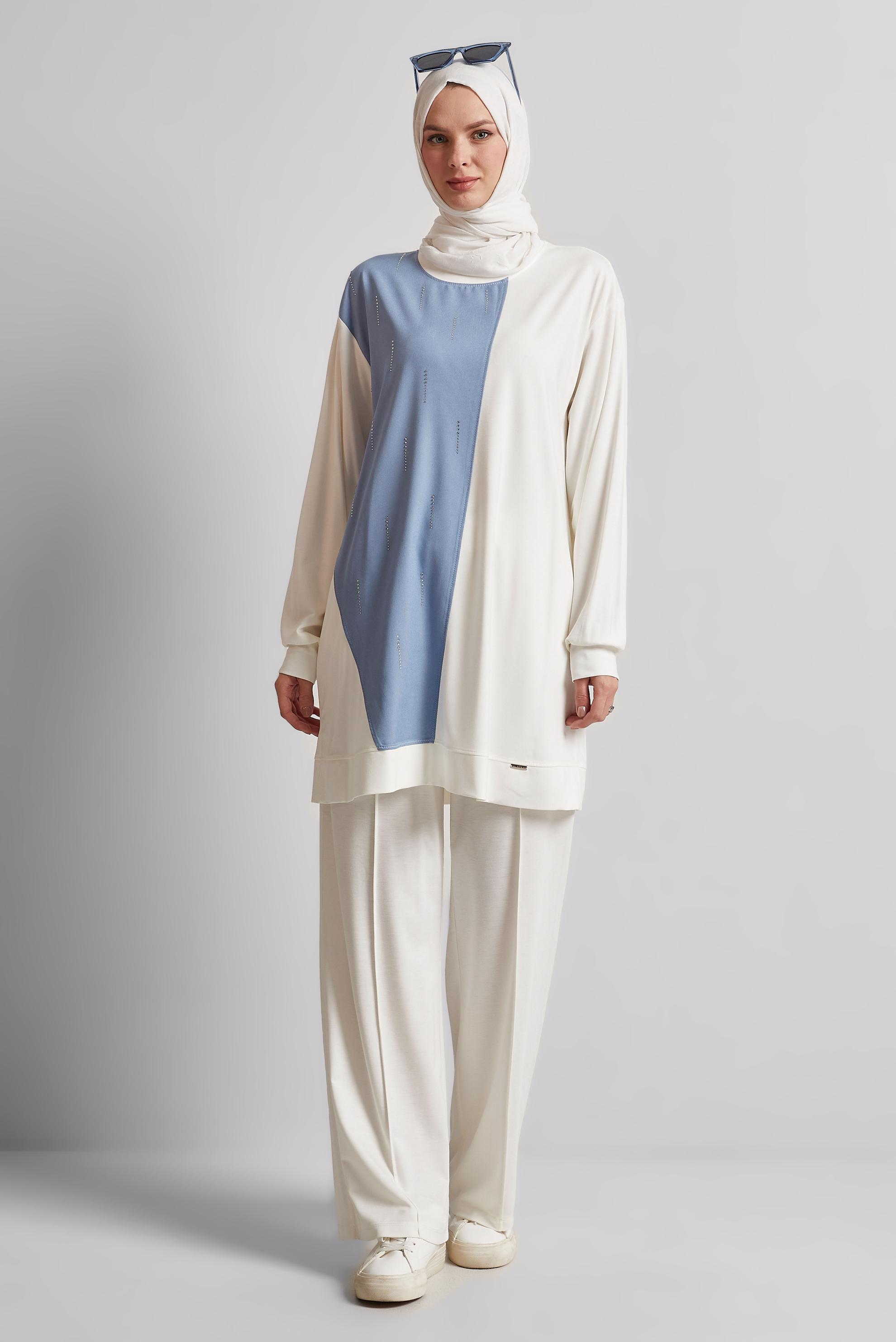 Tesettür giyim BEYAZ İKİ RENKLİ TAŞLI TUNİK 45540