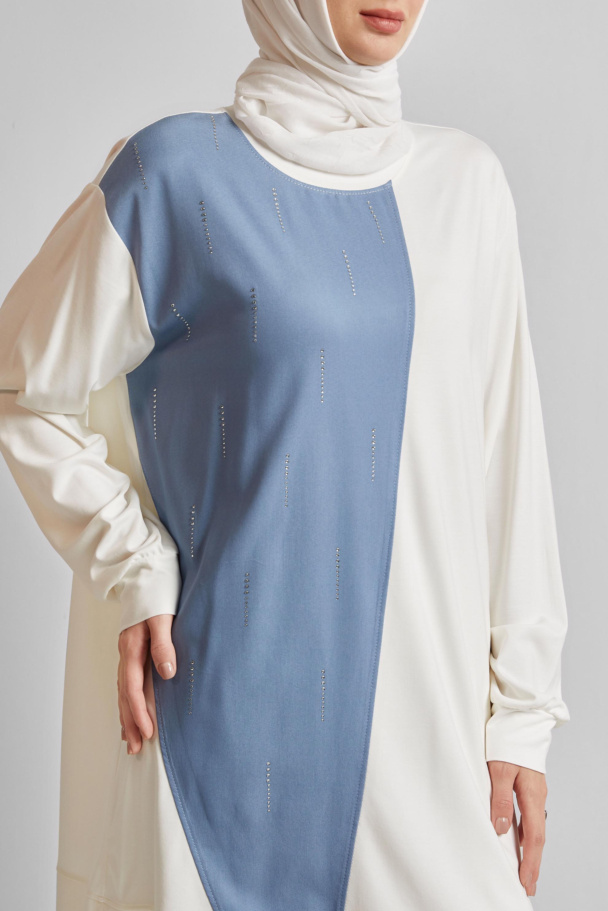 Tesettür giyim BEYAZ İKİ RENKLİ TAŞLI TUNİK 45540