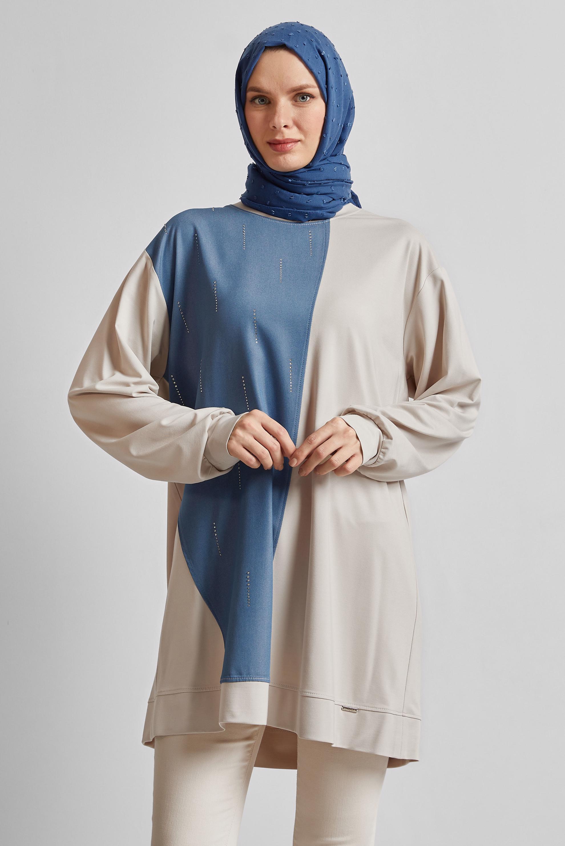 Tesettür giyim BEJ İKİ RENKLİ TAŞLI TUNİK 45540