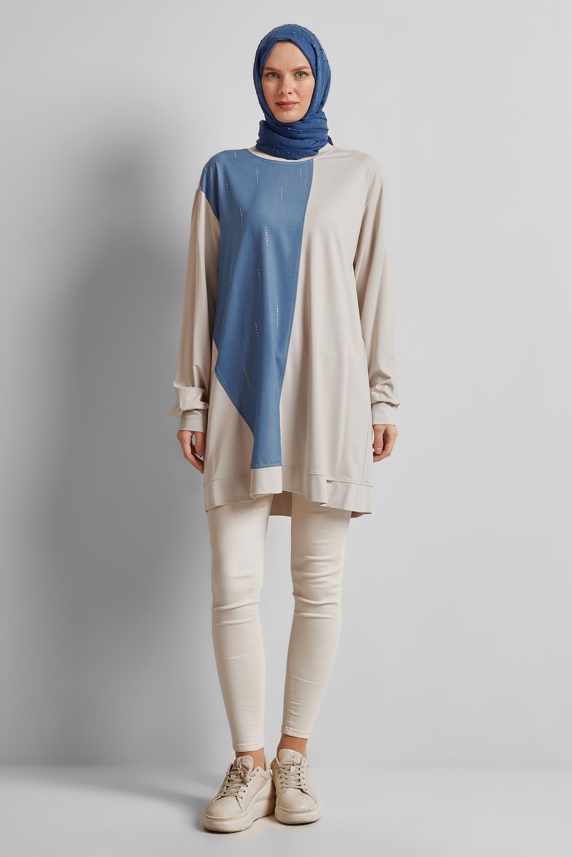 Tesettür giyim BEJ İKİ RENKLİ TAŞLI TUNİK 45540