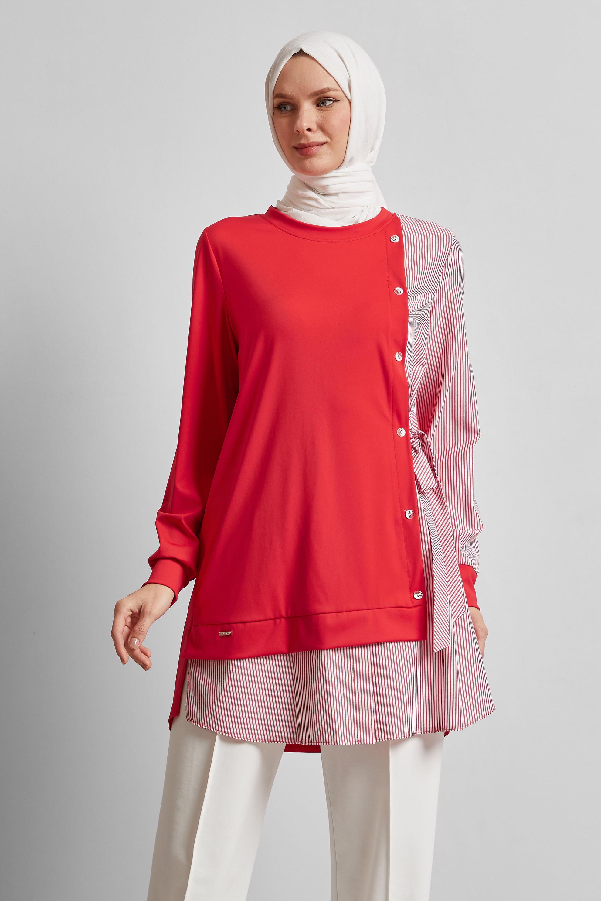 Tesettür giyim KIRMIZI ÇİZGİLİ TUNİK 45541