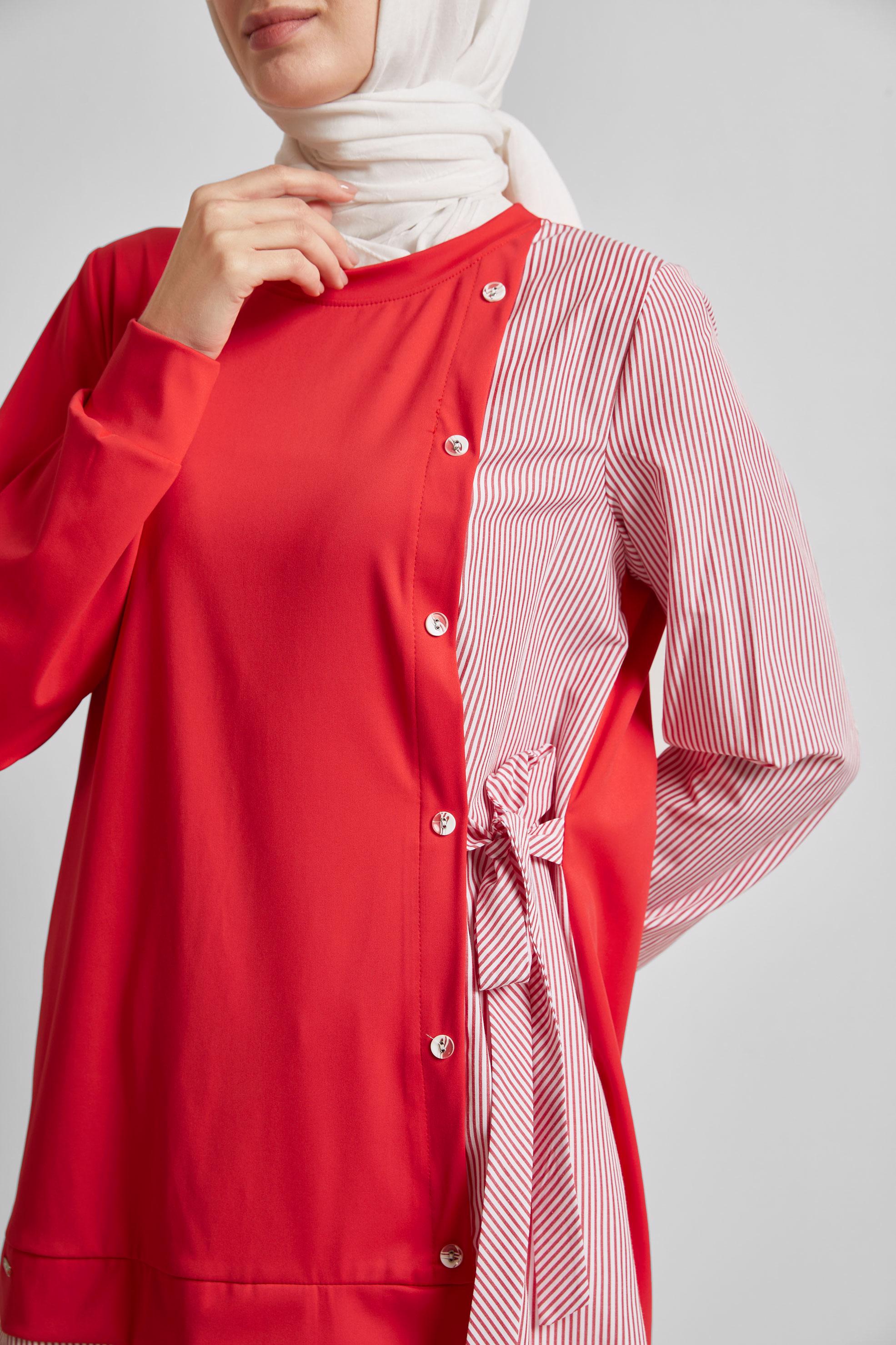 Tesettür giyim KIRMIZI ÇİZGİLİ TUNİK 45541