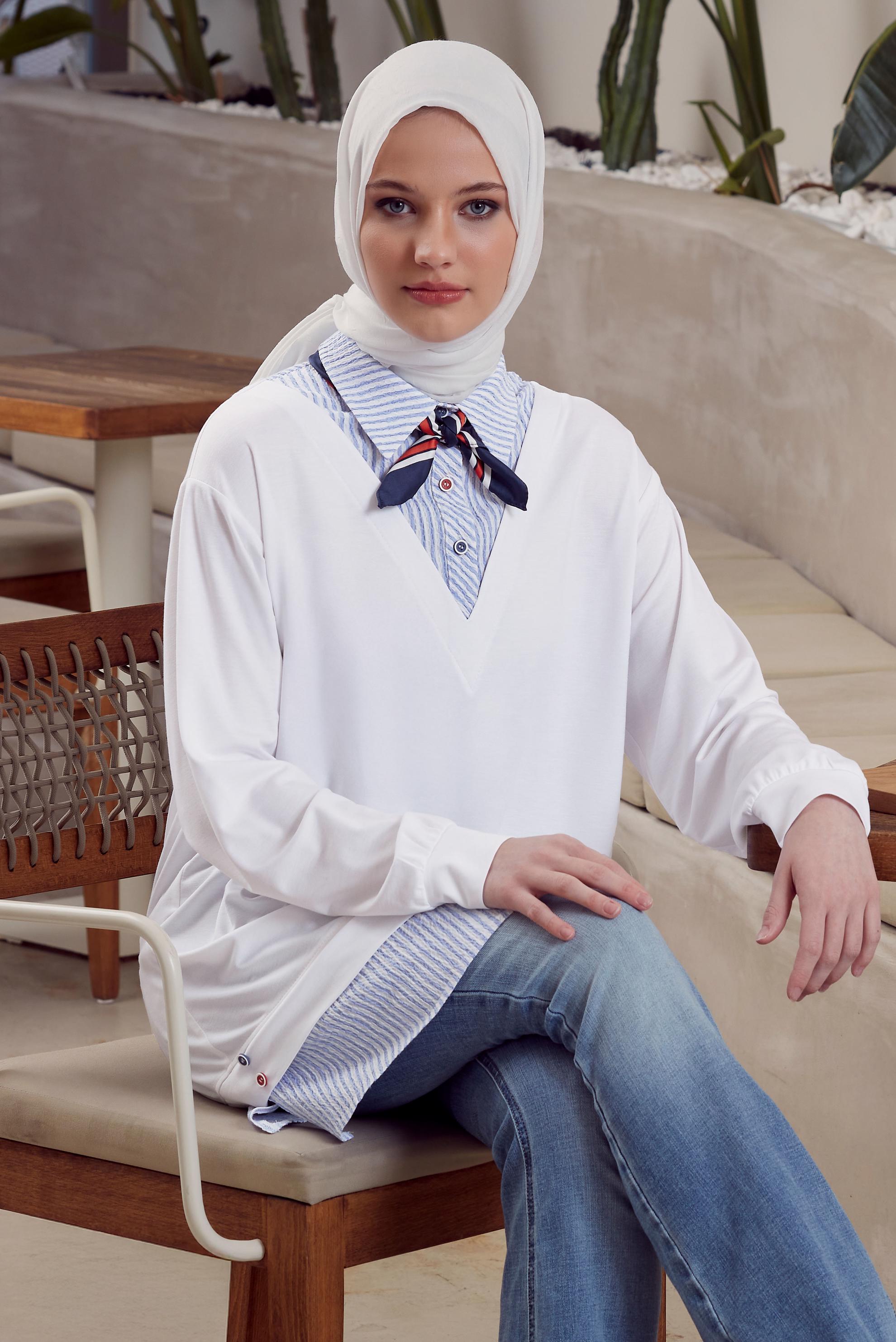 Tesettür giyim BEYAZ ÇİZGİLİ TUNİK 45547