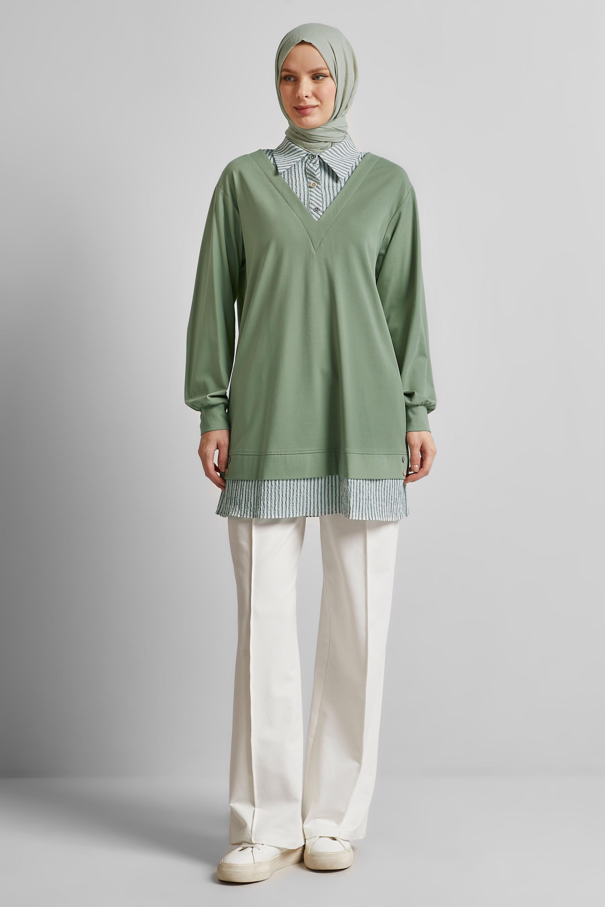 Tesettür giyim YEŞİL ÇİZGİLİ TUNİK 45547