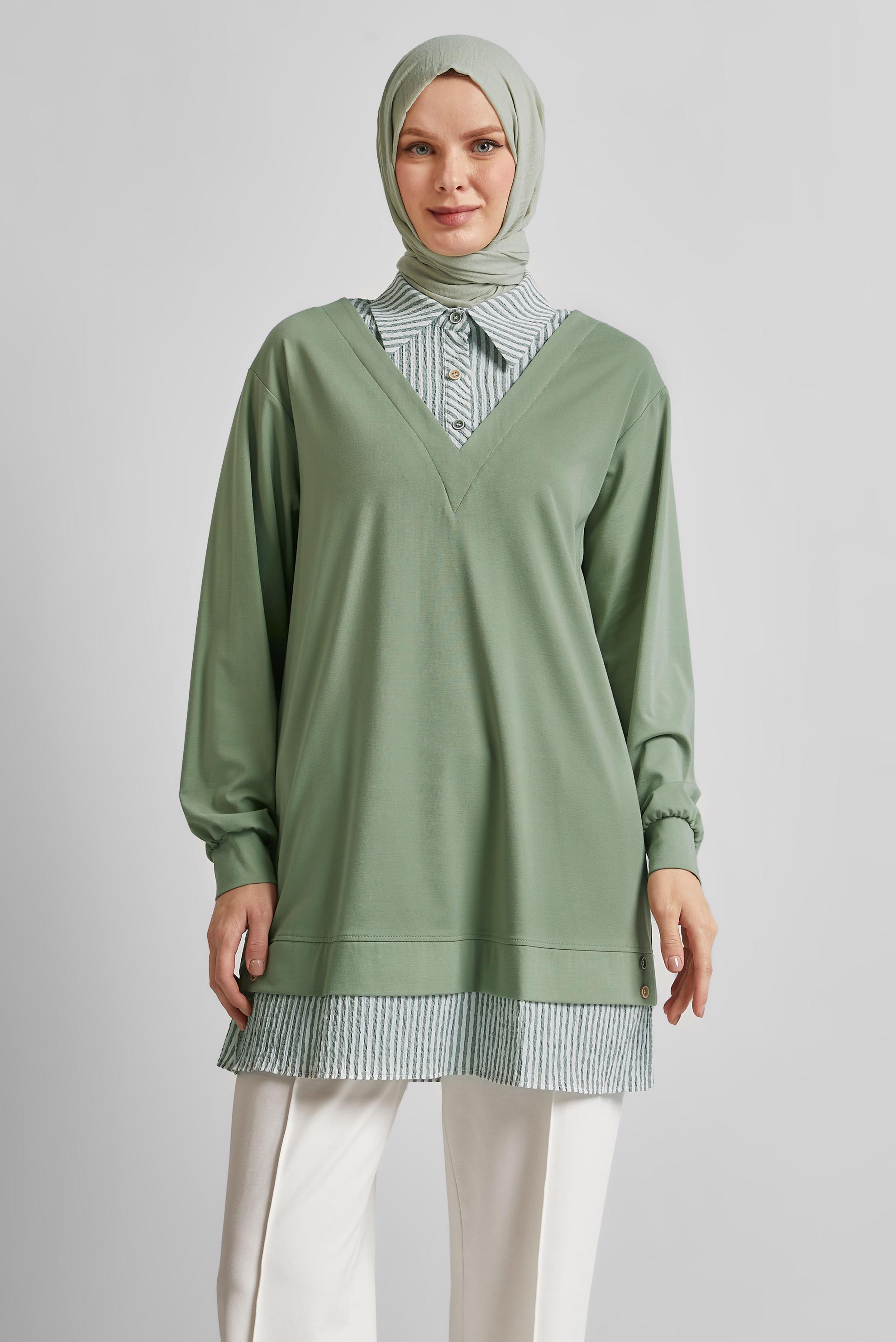 Tesettür giyim YEŞİL ÇİZGİLİ TUNİK 45547