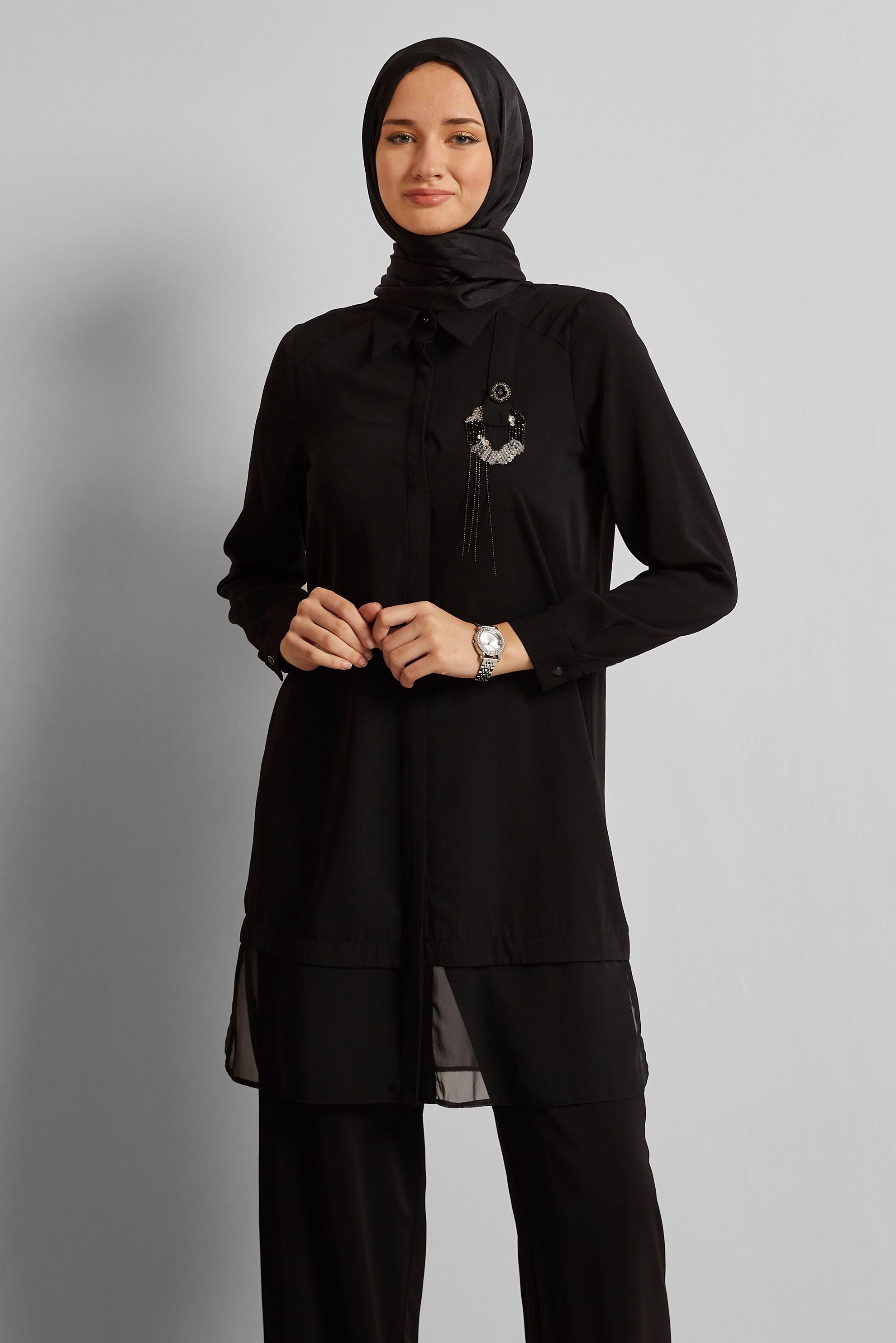Vêtements hijab NOIR TUNIQUE AVEC BROCHE 45553