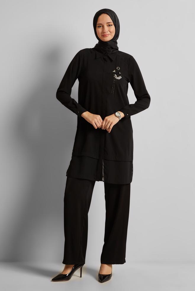 Vêtements hijab NOIR TUNIQUE AVEC BROCHE 45553 - ALVİNA