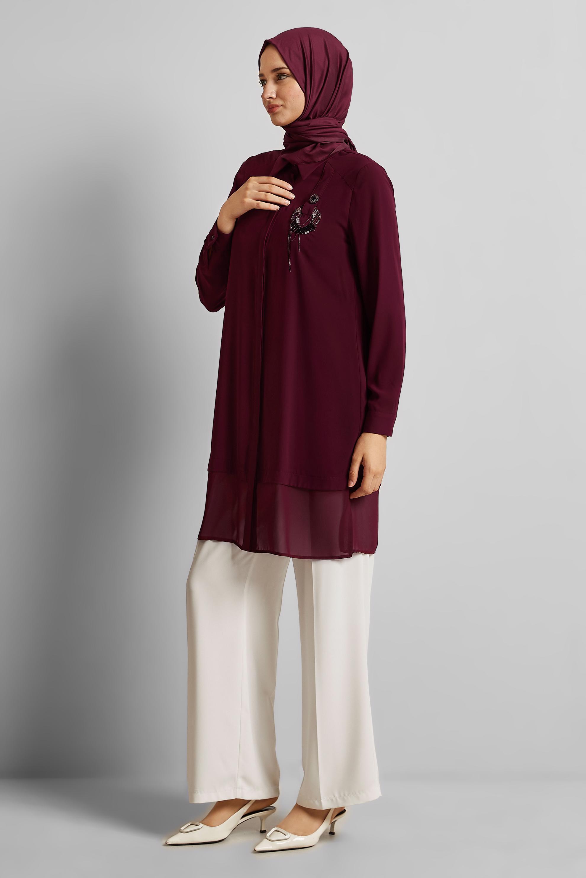Tesettür giyim BORDO BROŞ DETAYLI TUNİK 45553