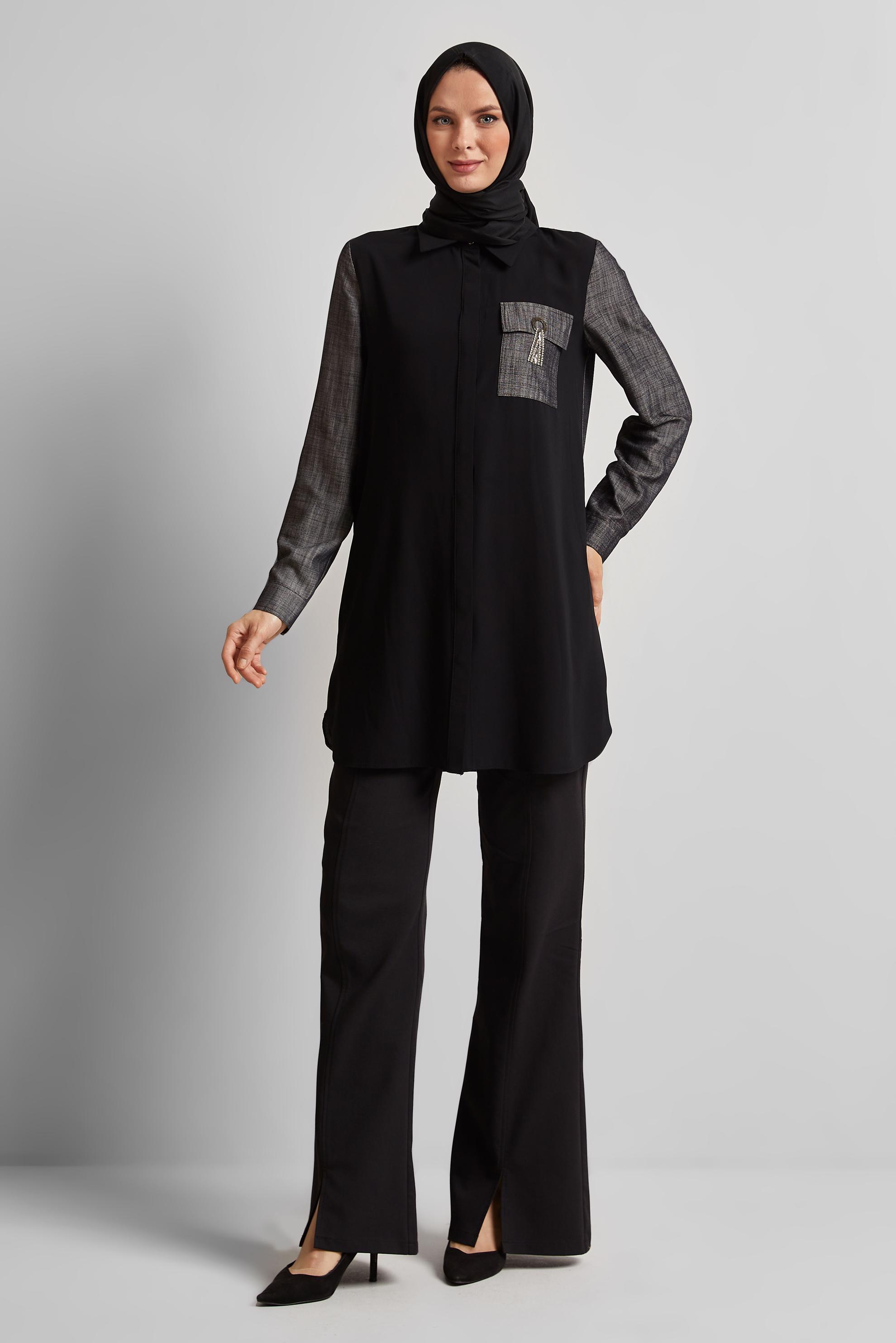 Vêtements hijab NOIR TUNIQUE COL CHEMISE 45556