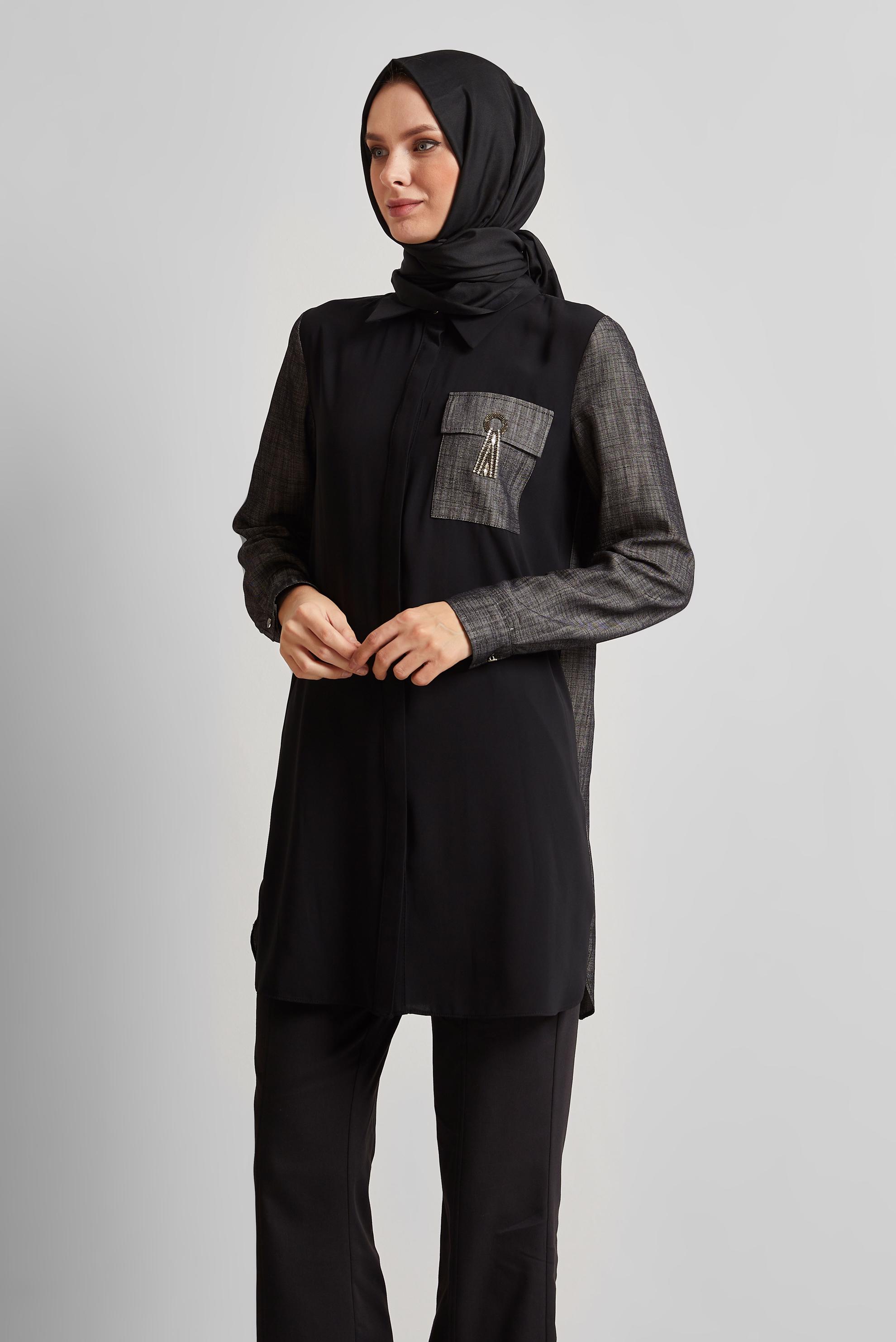 Vêtements hijab NOIR TUNIQUE COL CHEMISE 45556