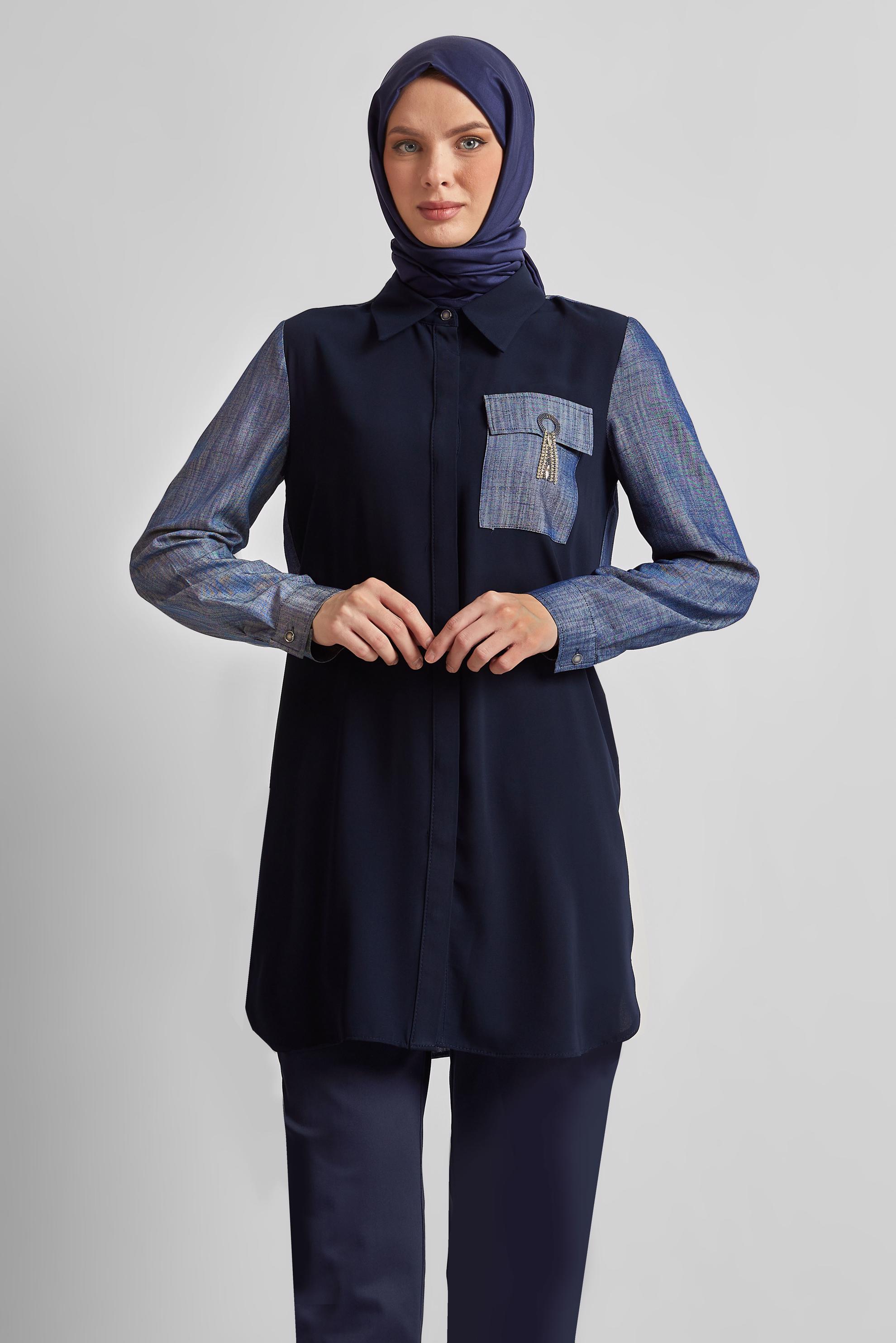 Tesettür giyim LACİVERT GÖMLEK YAKA TUNİK 45556