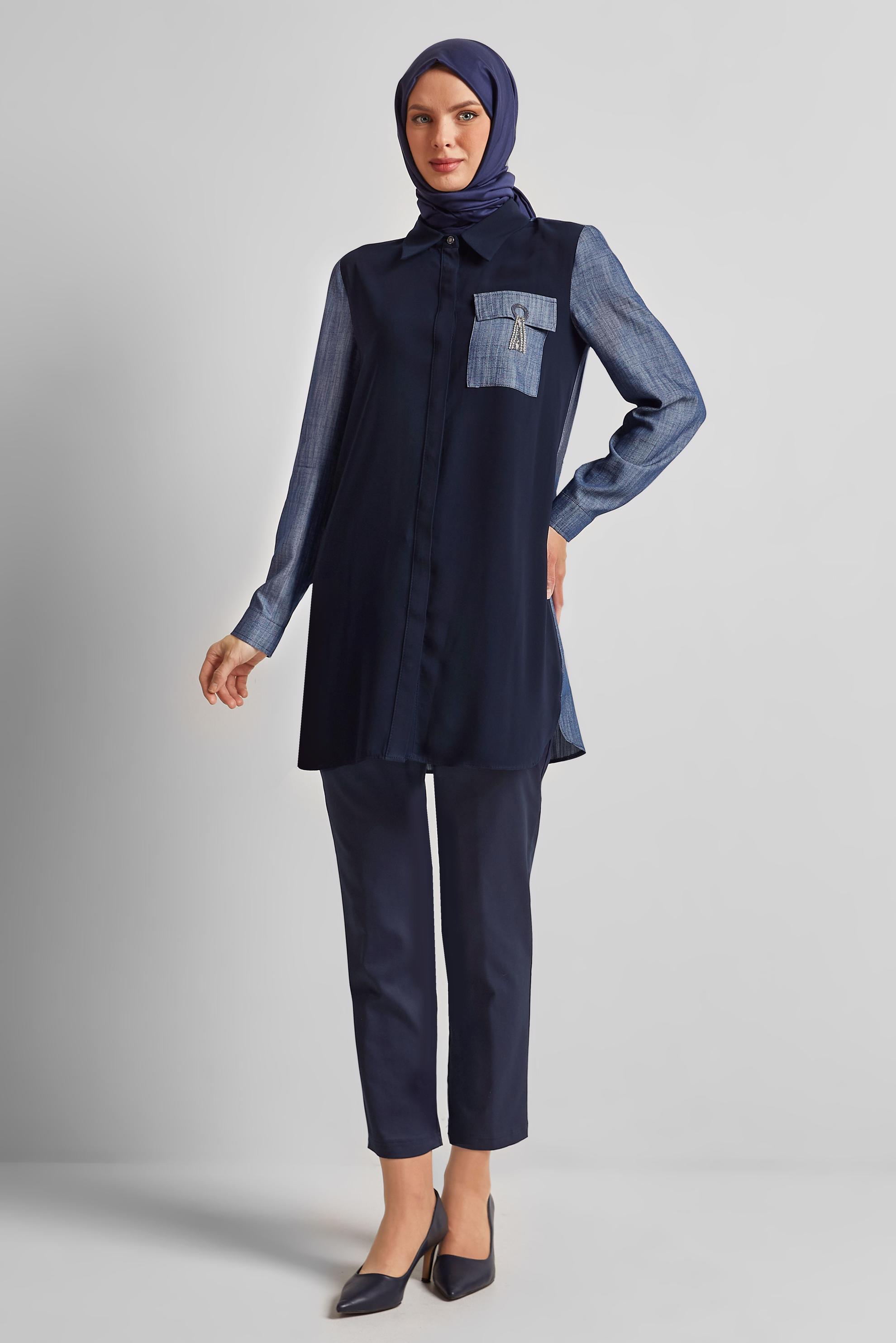 Tesettür giyim LACİVERT GÖMLEK YAKA TUNİK 45556