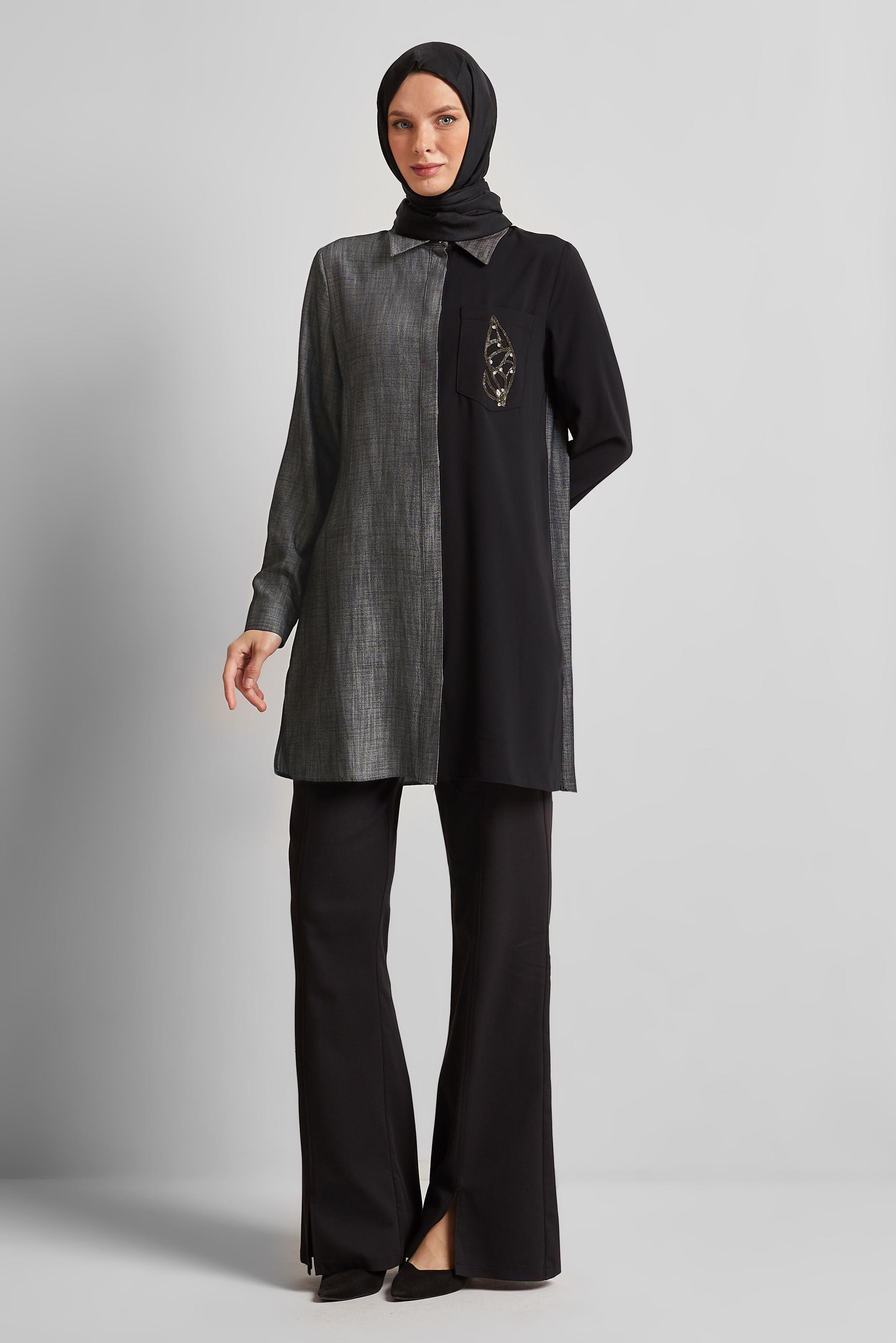 Tesettür giyim SİYAH GÖMLEK YAKA TUNİK 45558