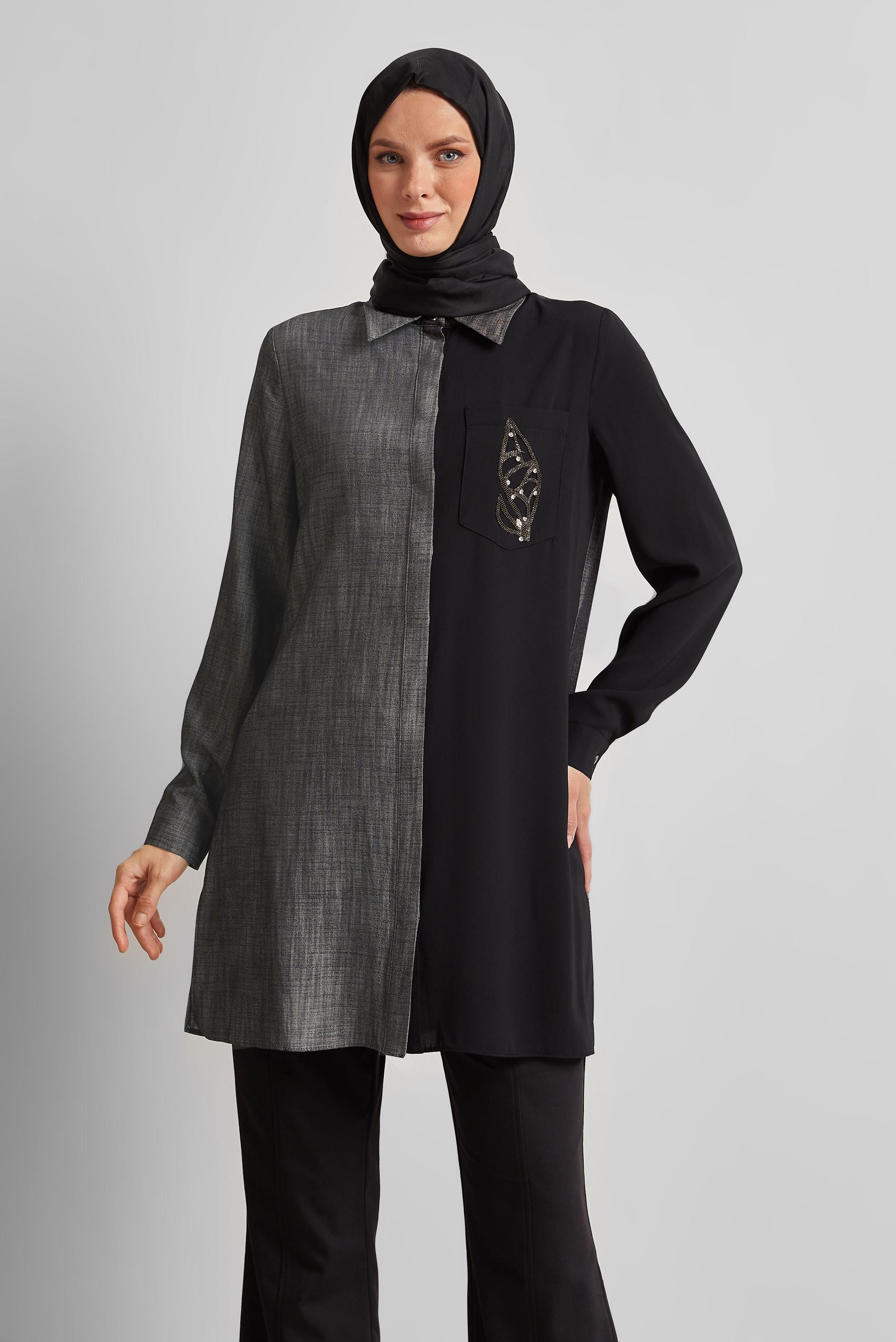 Tesettür giyim SİYAH GÖMLEK YAKA TUNİK 45558