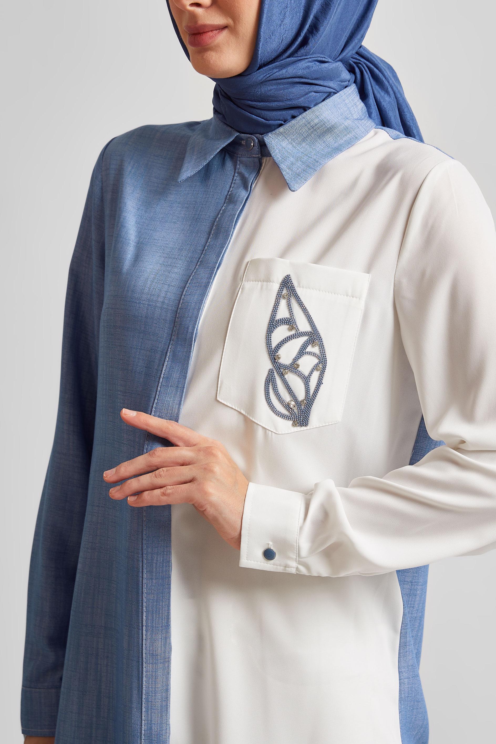 Tesettür giyim MAVİ GÖMLEK YAKA TUNİK 45558