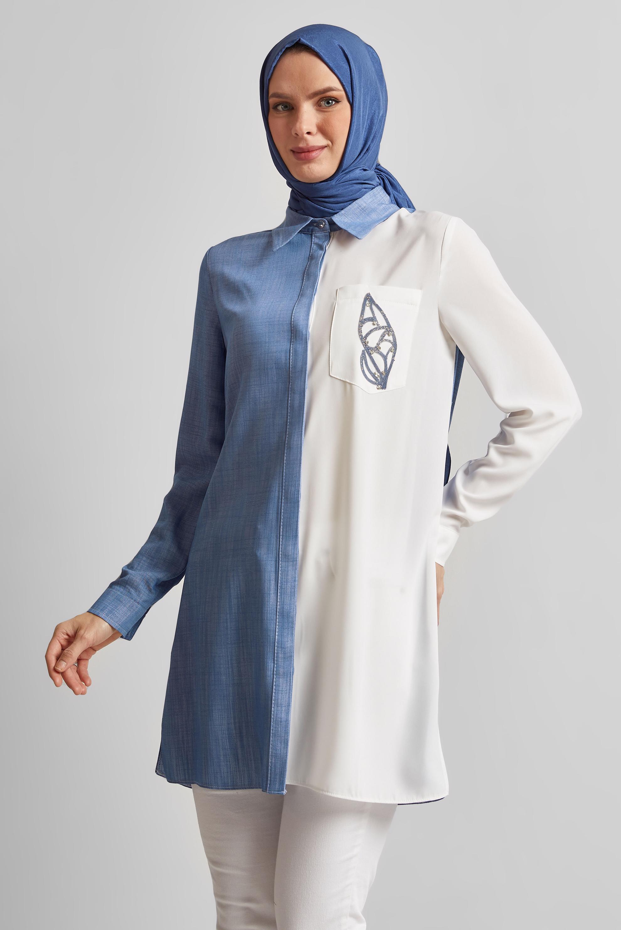 Tesettür giyim MAVİ GÖMLEK YAKA TUNİK 45558