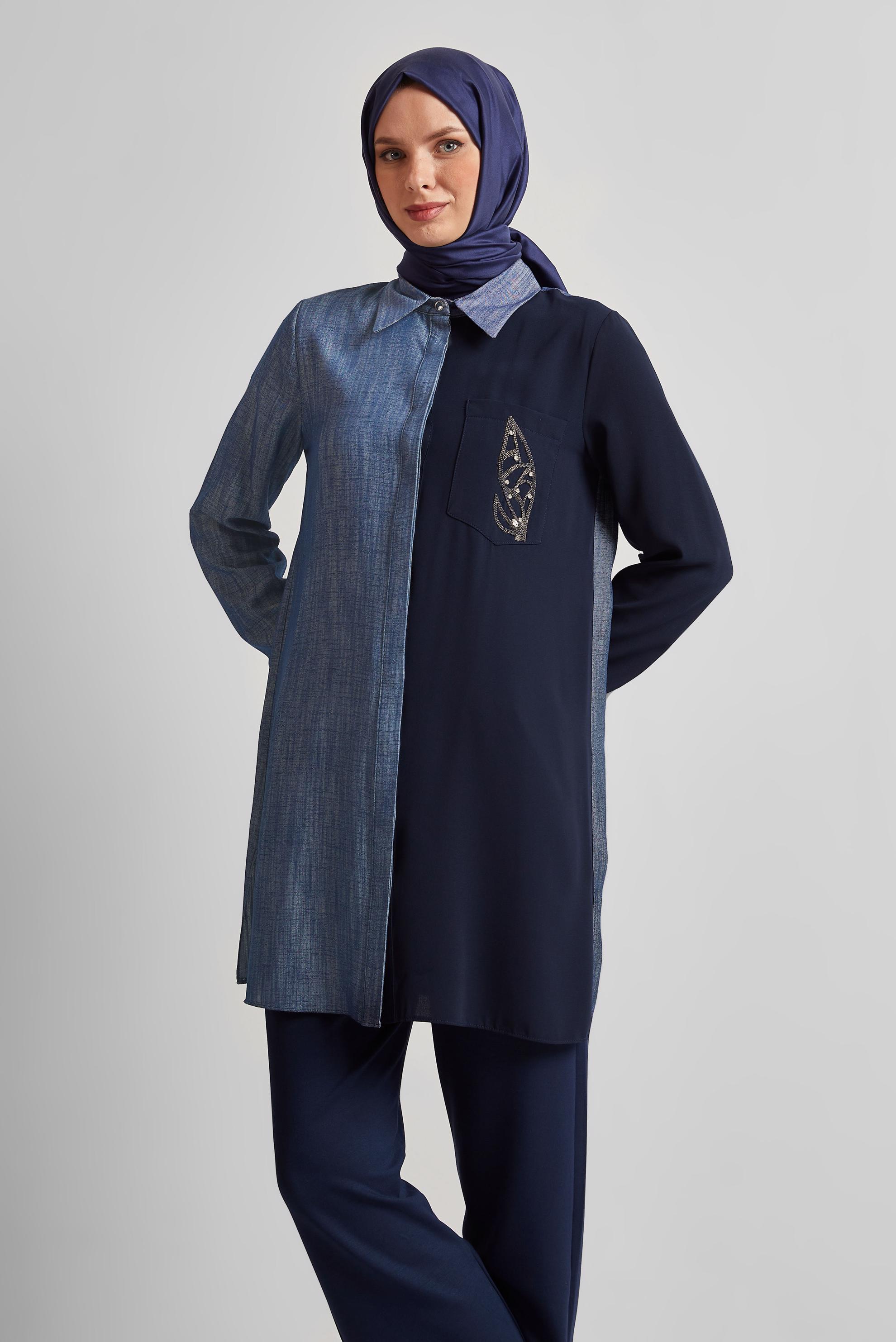 Tesettür giyim LACİVERT GÖMLEK YAKA TUNİK 45558