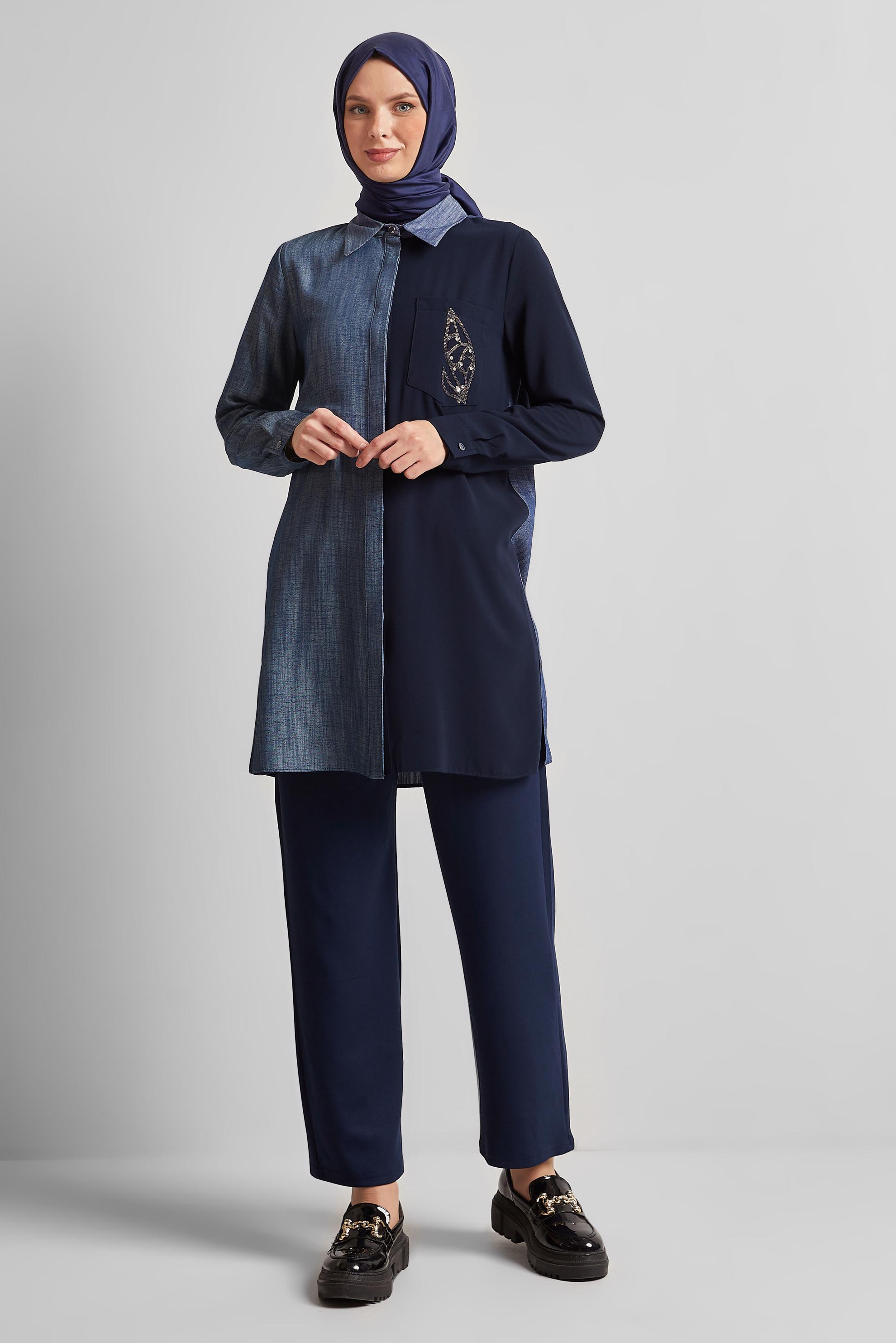 Tesettür giyim LACİVERT GÖMLEK YAKA TUNİK 45558